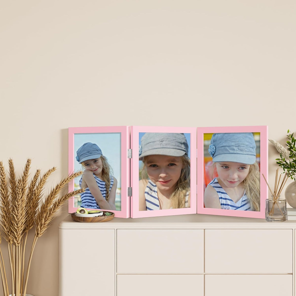 decorUhome Pink Triple 8x10 Picture Frame Vertical, MDPK08 | "Z" Shape Folding Design Engineered Wood Trifold Photo
