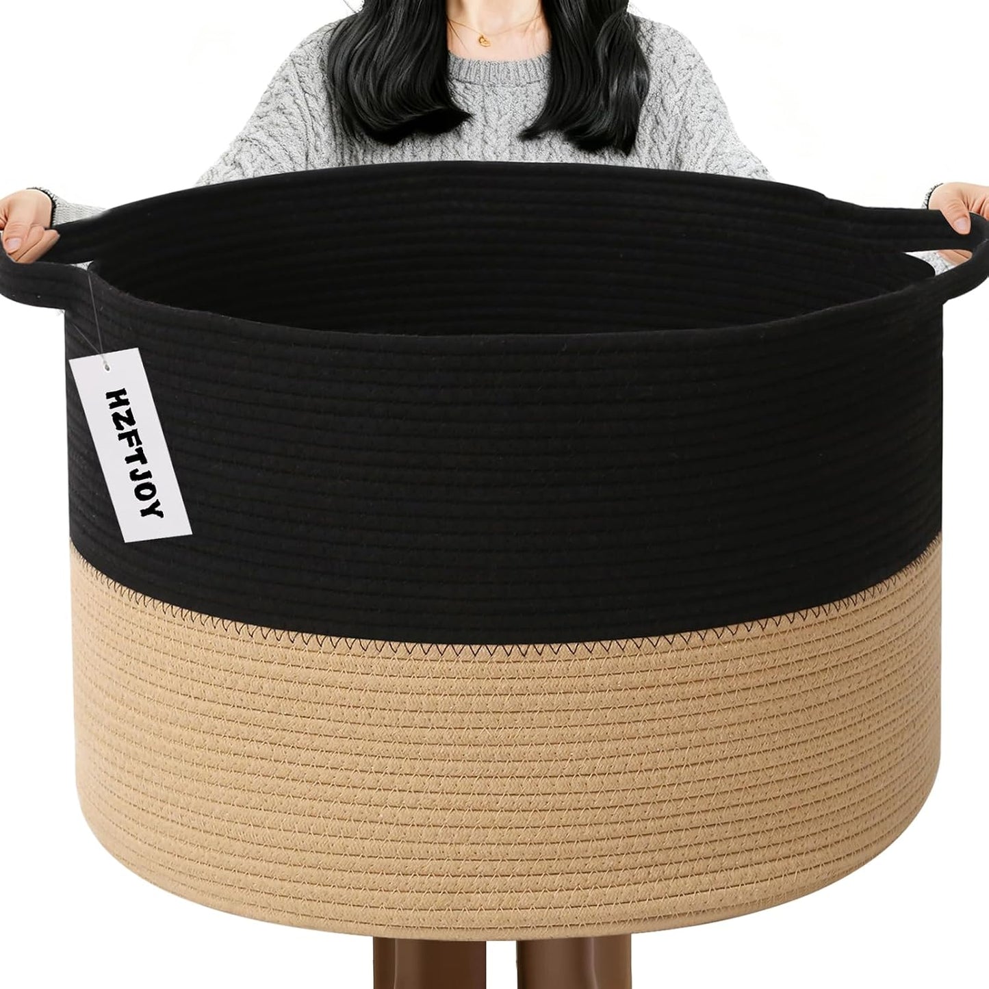 115L Extra Large Blanket Basket,Woven Laundry Basket-Black&Camel