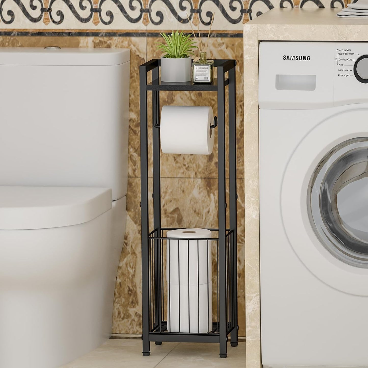 Narrow Side Toilet Paper Holder with Storage Shelf | Freestanding Roll Holder for Bathroom, Small Space, Bathroom