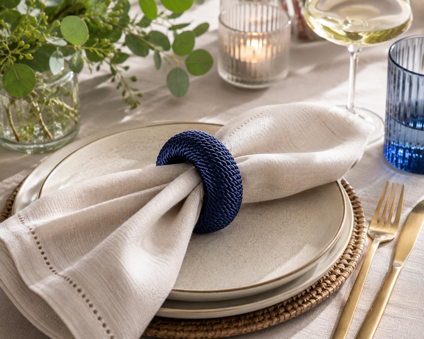 Alpha Living Home Woven Napkin Rings, Dark Blue, Set of 12 | Yarn-wrapped woven design, sturdy inner structure, fits