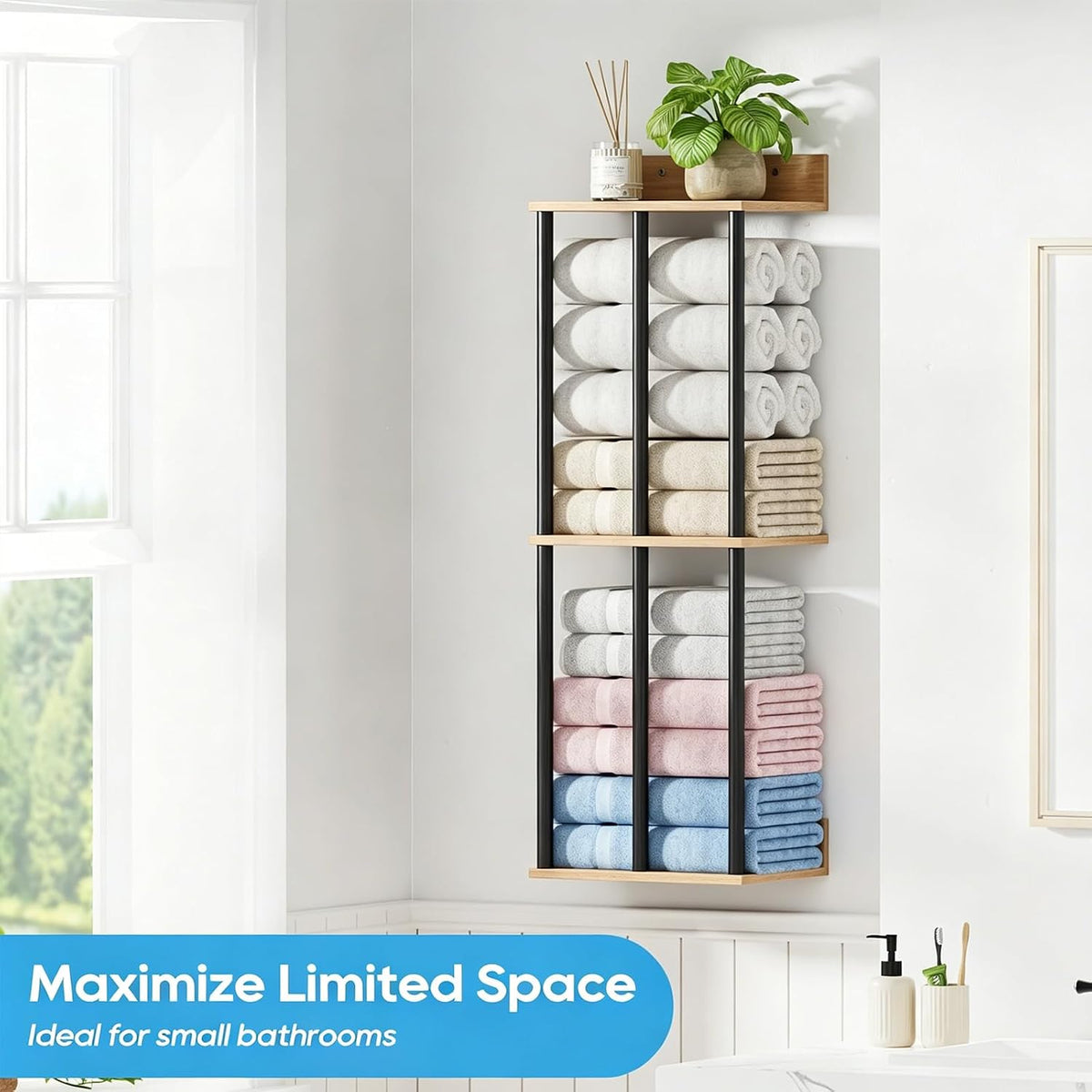 Towel Racks for Bathroom Wall Mounted with Wooden Storage Shelf | Updated 3 Bar Metal Towel Holder for Rolled Towels