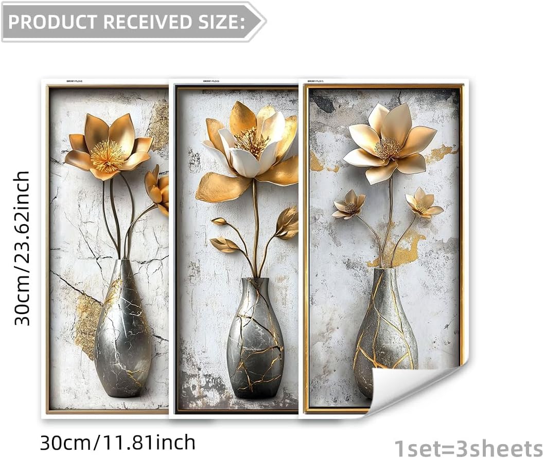 3D Flower Wall Art Stickers Floral Vase Wall Decals Peel and Stick Living Room / Large / Gold