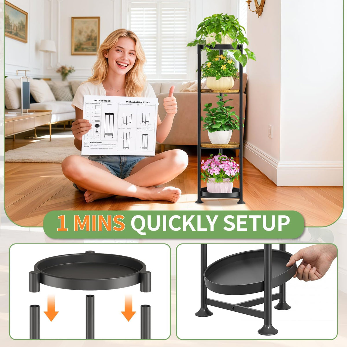 KMOTASUO 4 Tier Black Plant Stand Indoor for Large Tall Heavy Duty Planter, Multiple Sturdy Metal Flower Corner Rack