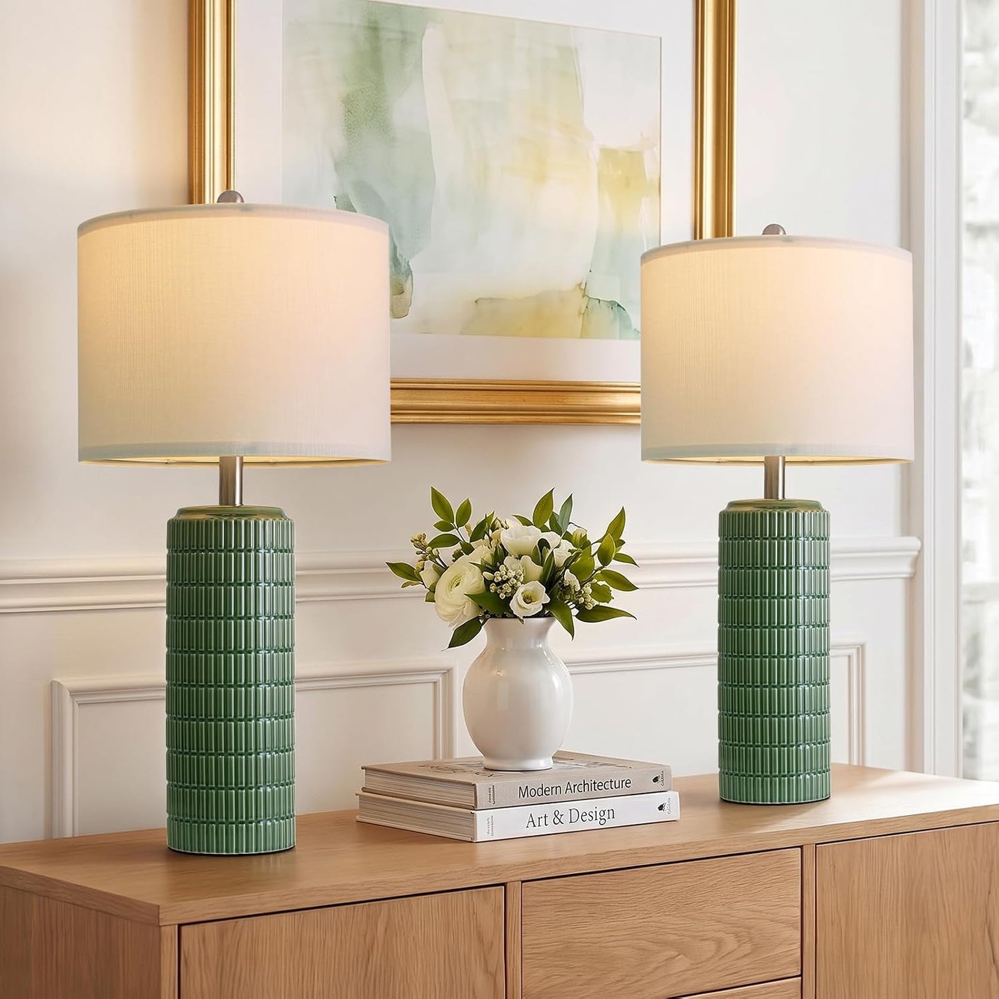 PoKat 27.5" Dark Green Ceramic Table Lamps for Living Room, Farmhouse Table Lamps Set of 2 for Bedroom Night Stands