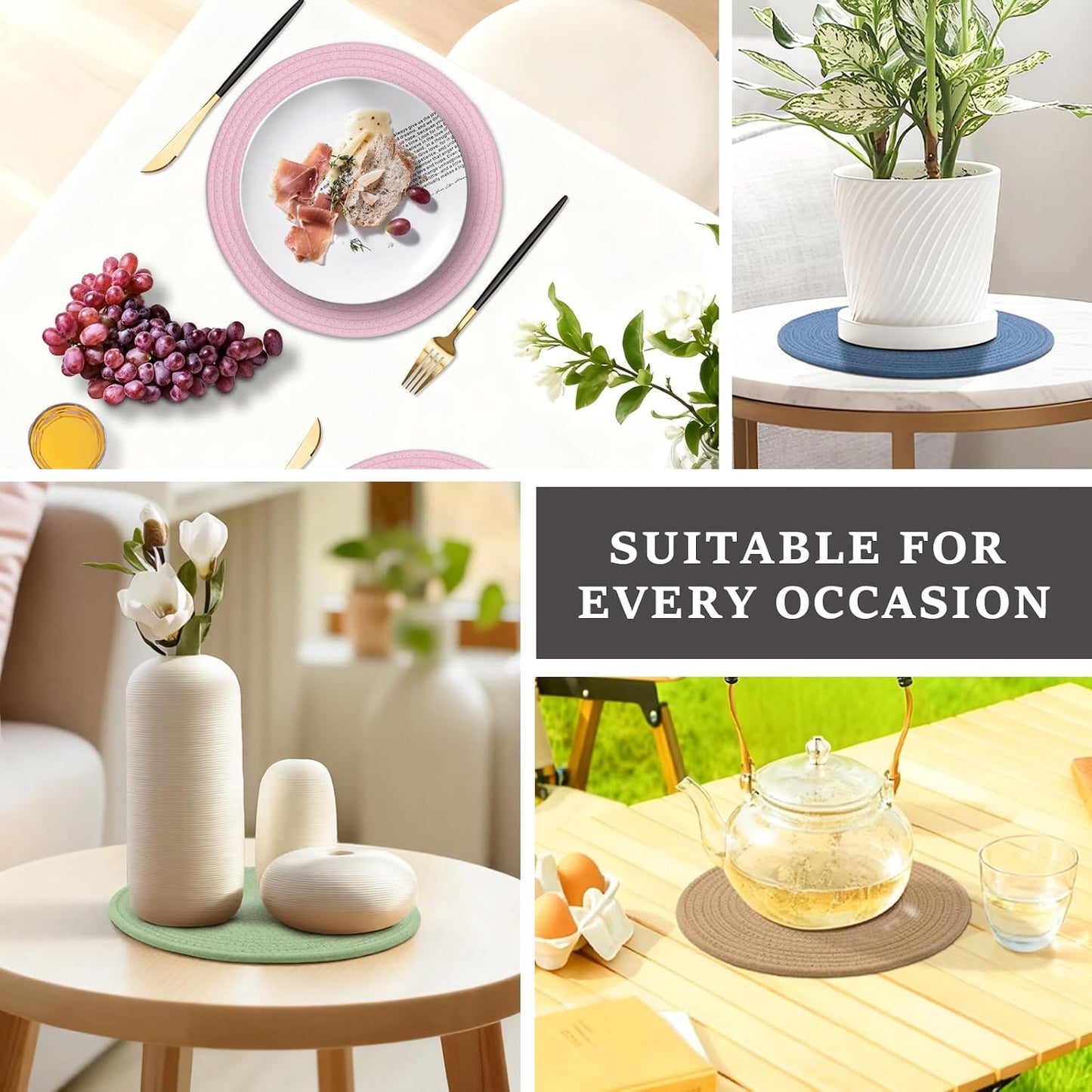 Round Placemats Set of 6, Cotton Rope Woven Table Mats, Hot Pads for Kitchen, Non Slip Heat Resistant Place Mats, 13
