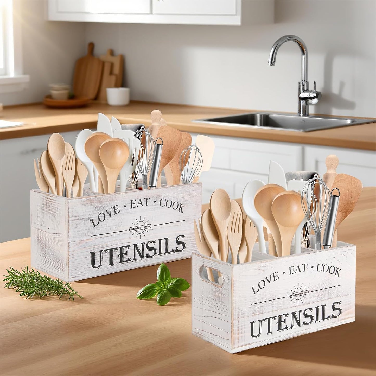 2 PC Wooden Utensil Holder,(With 4-Compartments size*1 + 3-Compartments size*1) Extra Large Kitchen Counter,Cooking