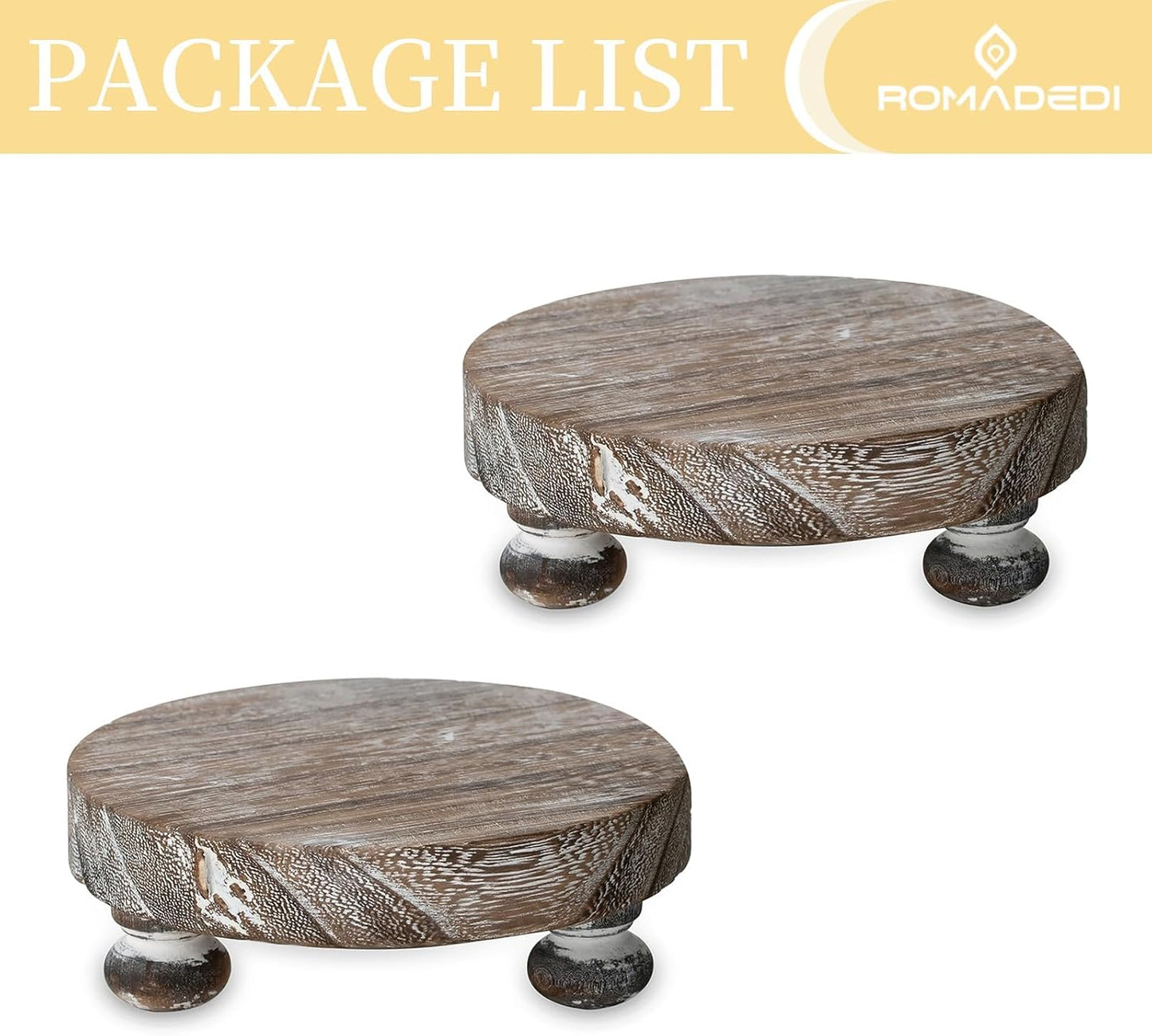 Rustic Decor Mini Wooden Pedestal Stand Decorative Round Tray / Whitewashed / Set of 2