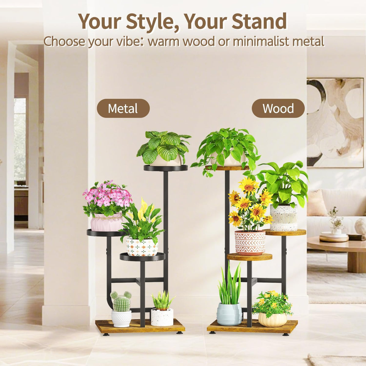 LASZOLA Plant Stand Shelf Tall for Indoor Corner, 3 Tier Metal Black | Modern Multiple Flower Display Rack with Wooden