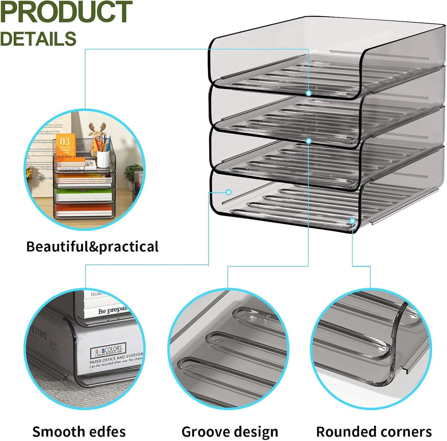 4-Tier Acrylic Paper Tray Organizer / Brown / 12.6 x 9.6 x 11