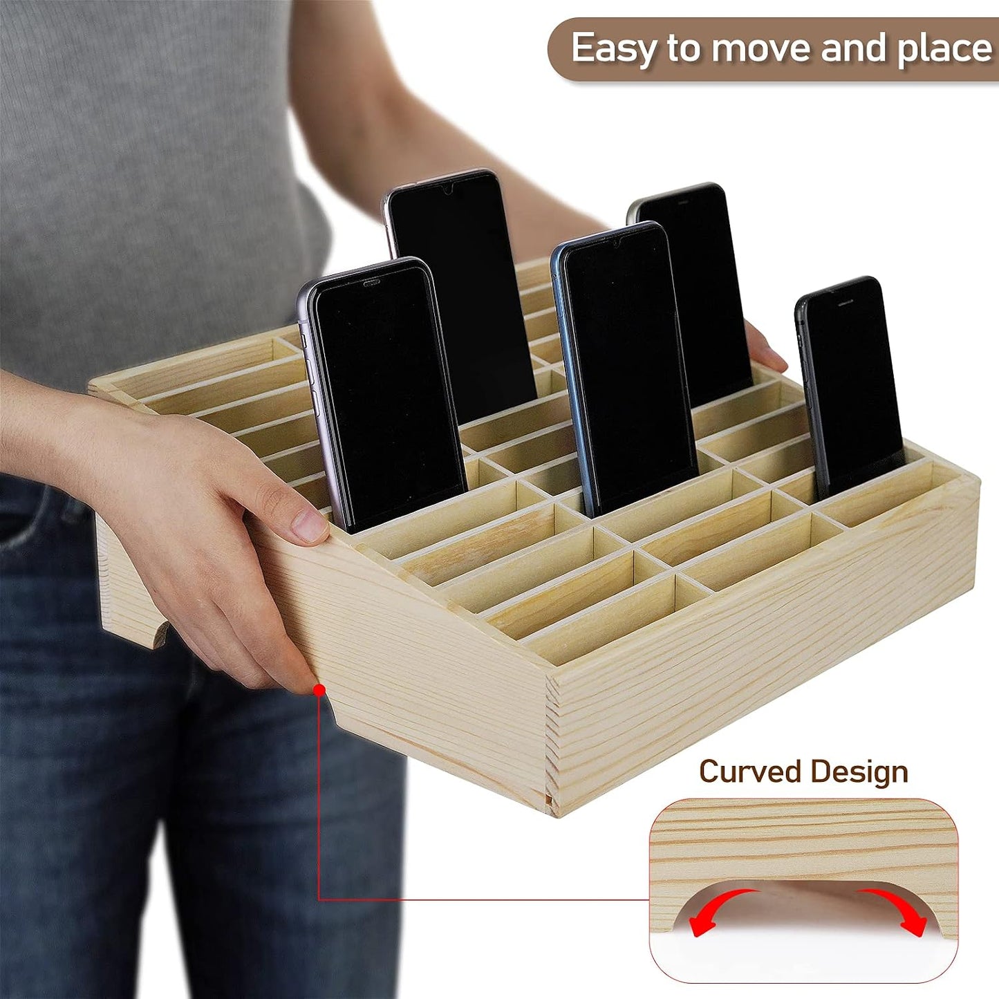 36-Grid Wooden Cell Phone Holder Desktop Organizer | Storage Box, Cell Phone Rack Display, Phone Caddy Storage for