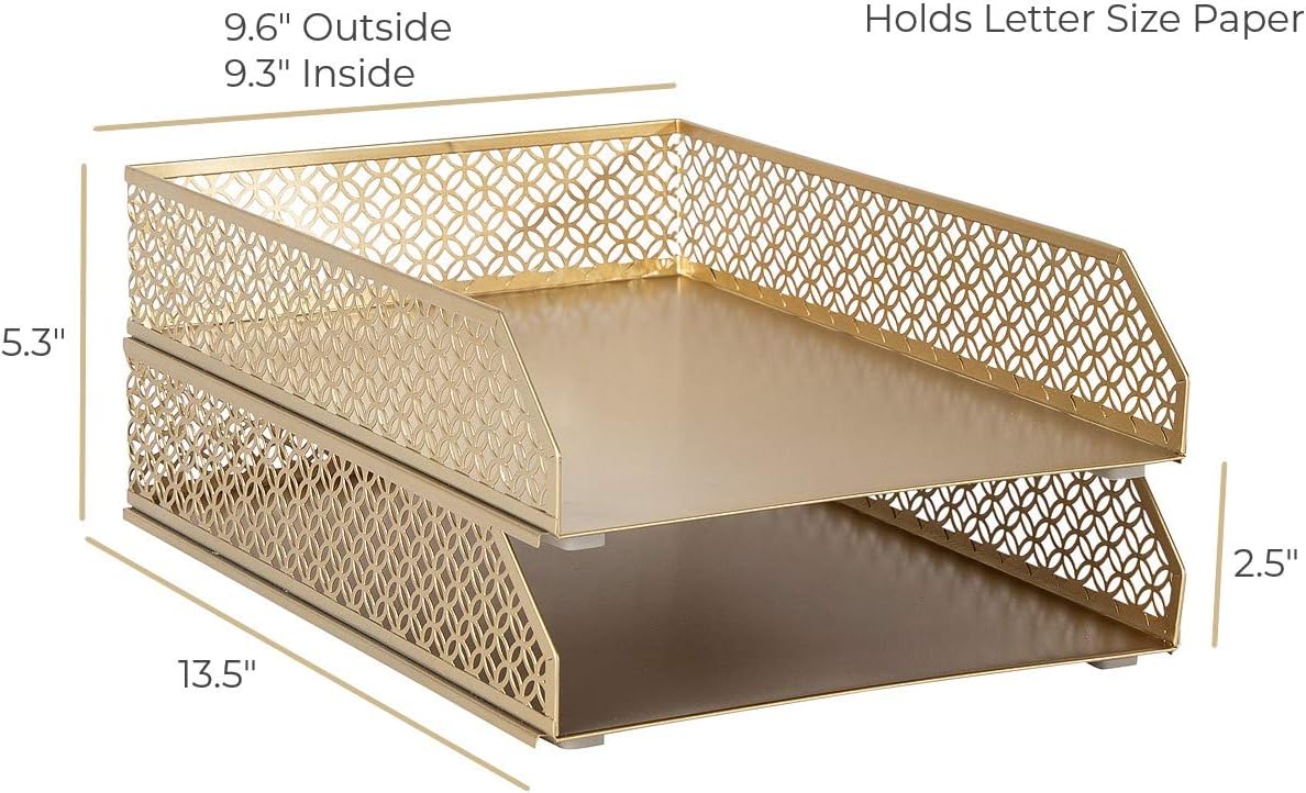 BLU MONACO | Paper Tray Stackable Gold Set of 2 | Stackable File Trays for Desk Organization | Tiered Desk Organizer