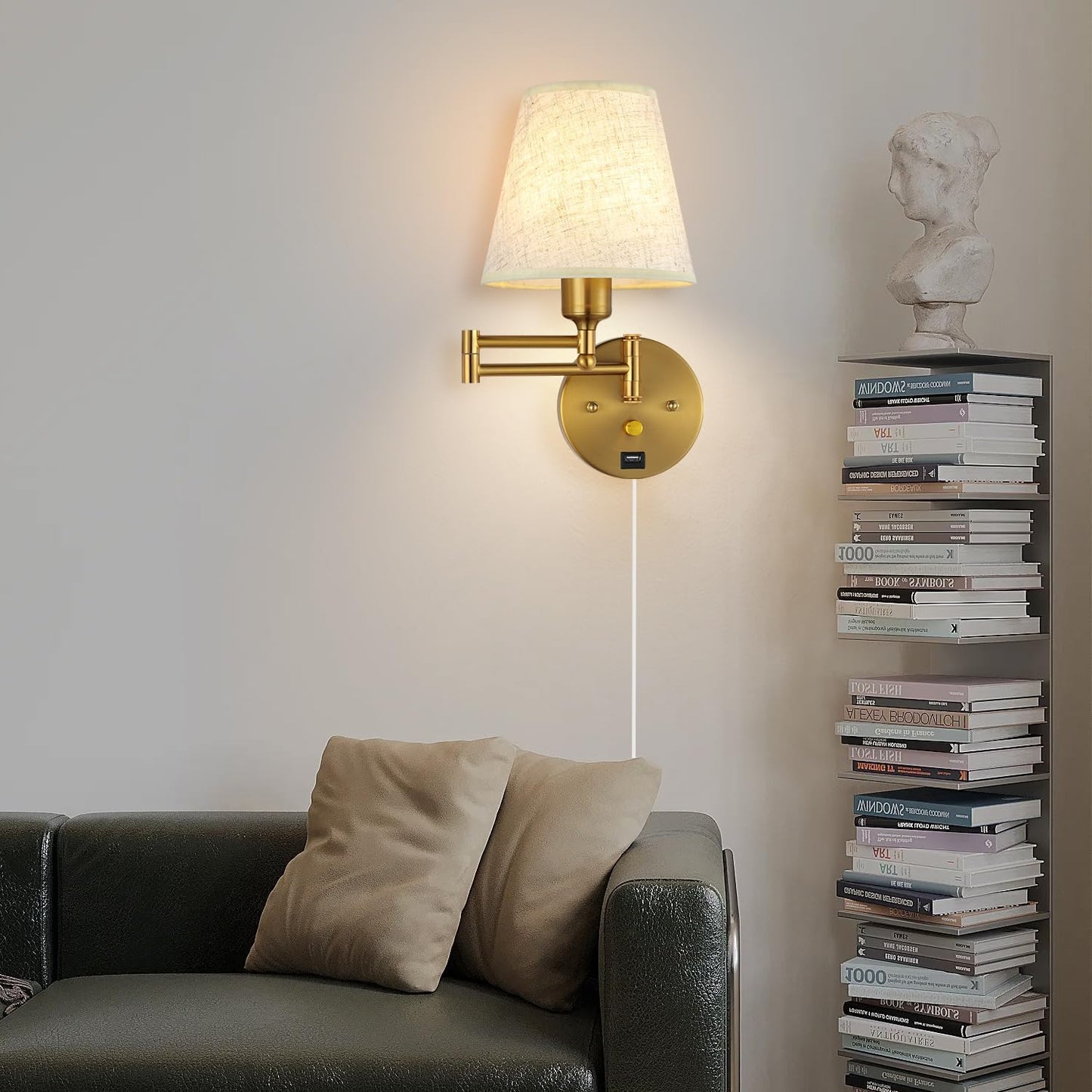 Bedside Wall Mount Light with Dimmable Switch and USB Port, Gold Swing Arm Fabric Shade Wall Sconce Light with Plug in
