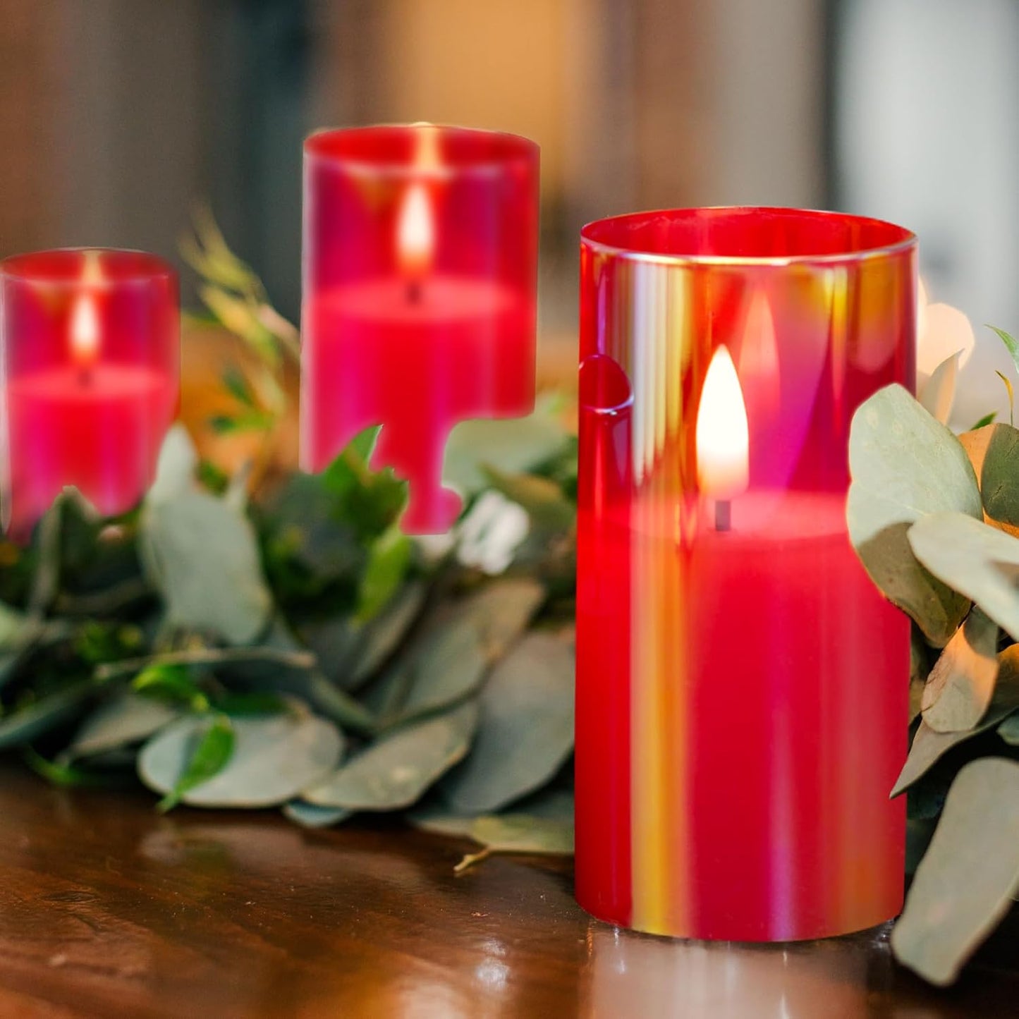 Red Glass Flameless Pillar Candles with Remote Batteries Set of 5 | Flickering Christmas LED Candles, Fireplace Home