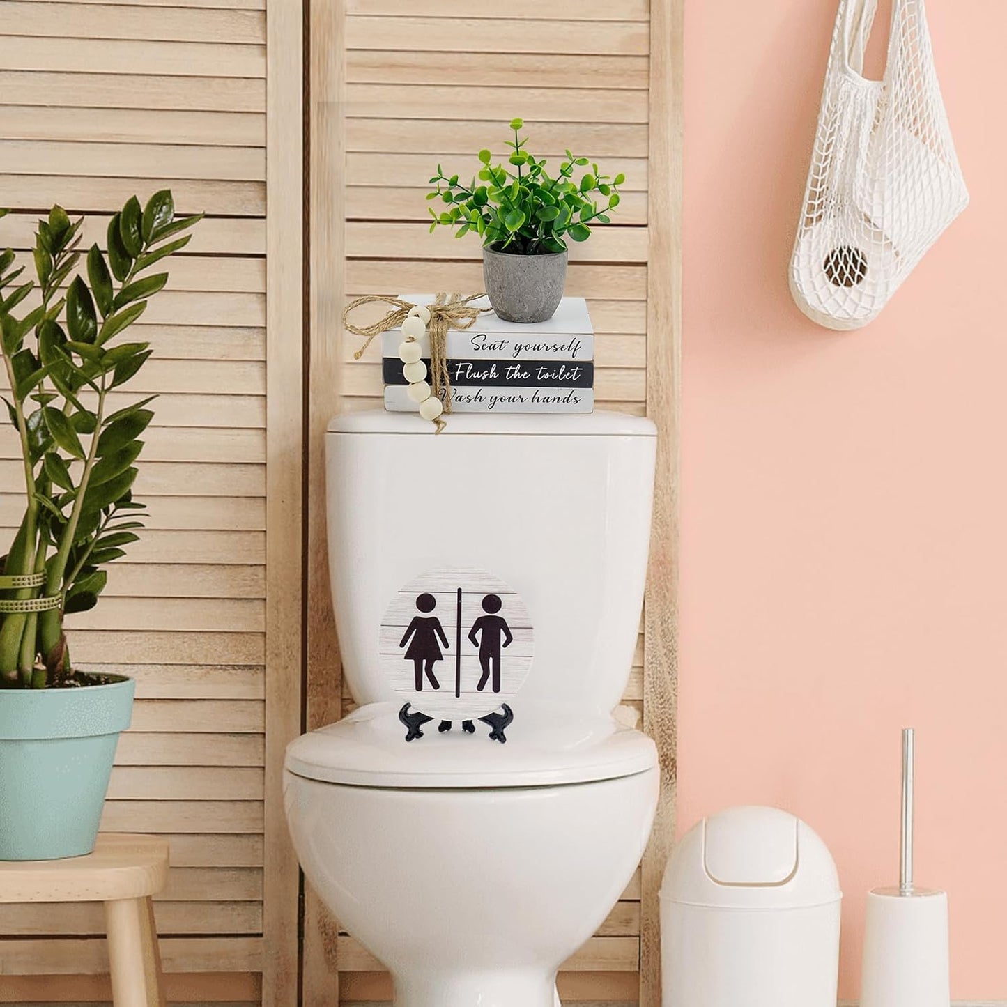 Fake Plants / Book Stack and 3D Round Signs / Flush The Toilet