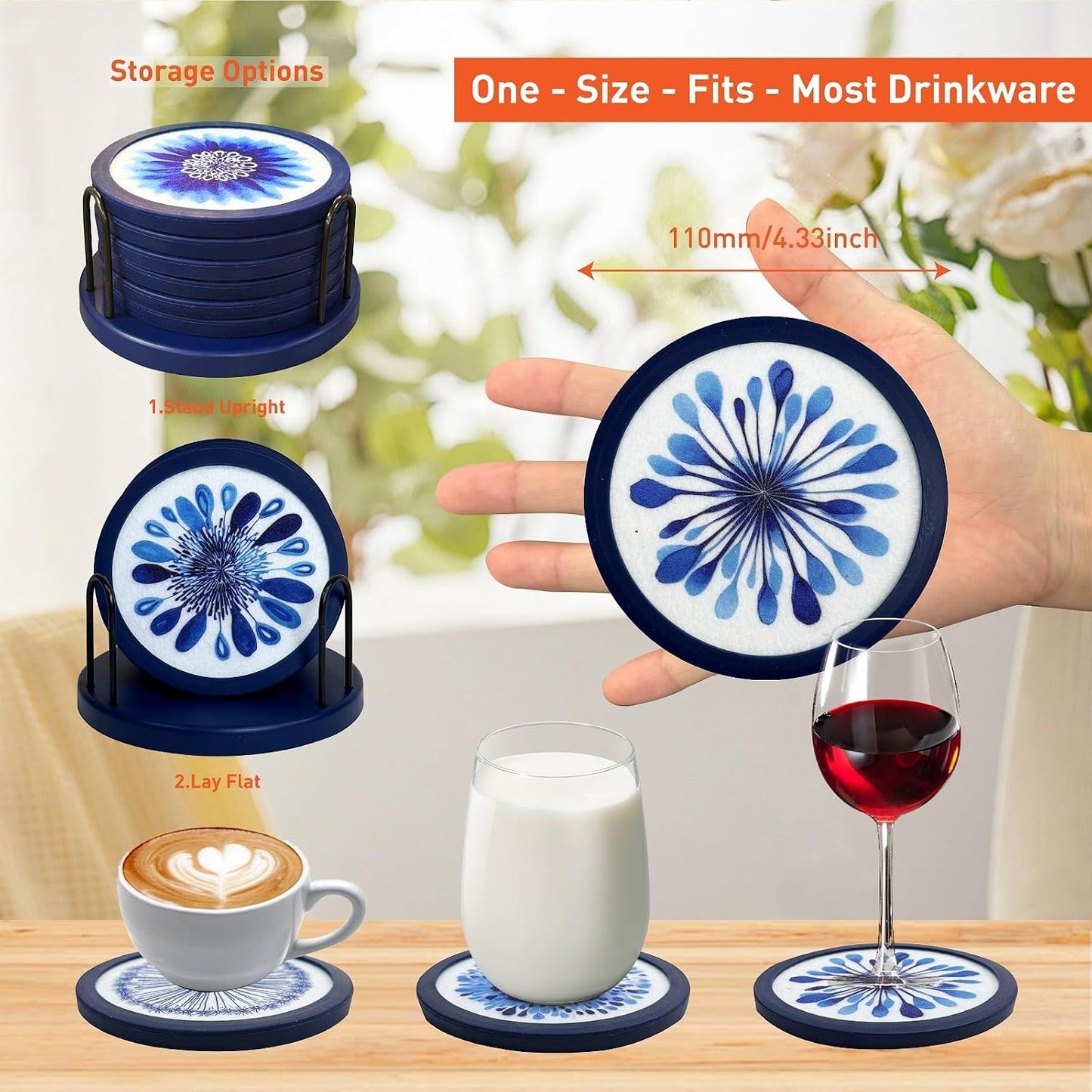 Indigo Floral Non-Slip Silicone Coasters / 6pc / Set of 4