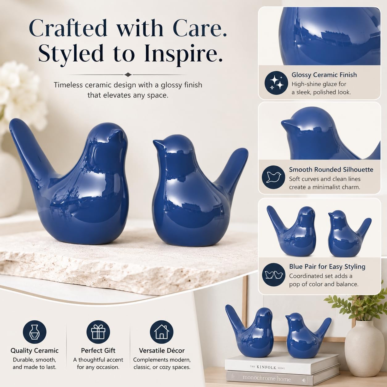 Small Ceramic Bird Statue and Sculpture / Blue