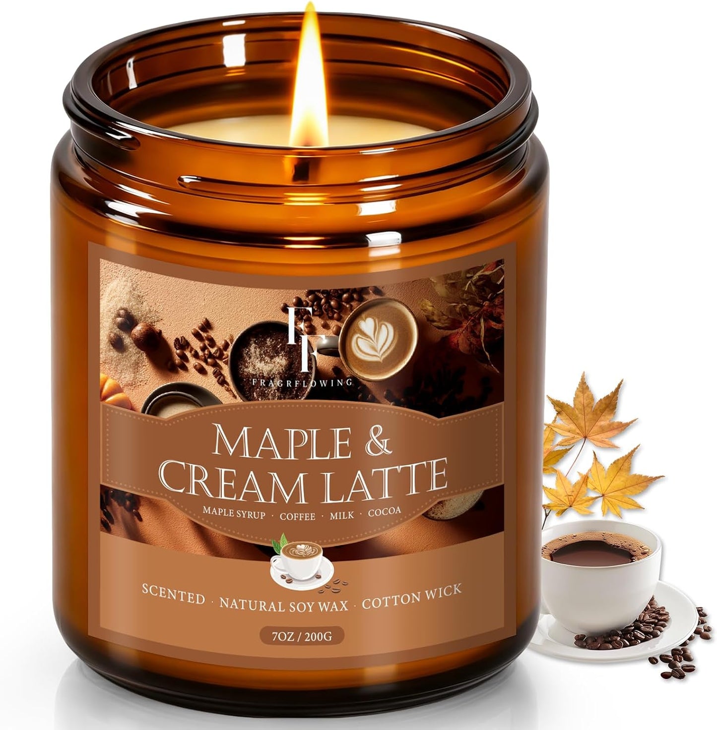 Fall Candle, Maple & Cream Latte Scented Candles for Home, Natural Soy Autumn Candle Aromatherapy Candle, 7 oz Jar