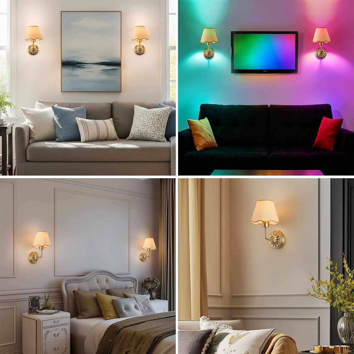 ADISUN Battery Operated Wall Sconce Set of 2, Gold Wall Lamps for Living Room, Rattan Shade, Vintage Base Dimmable