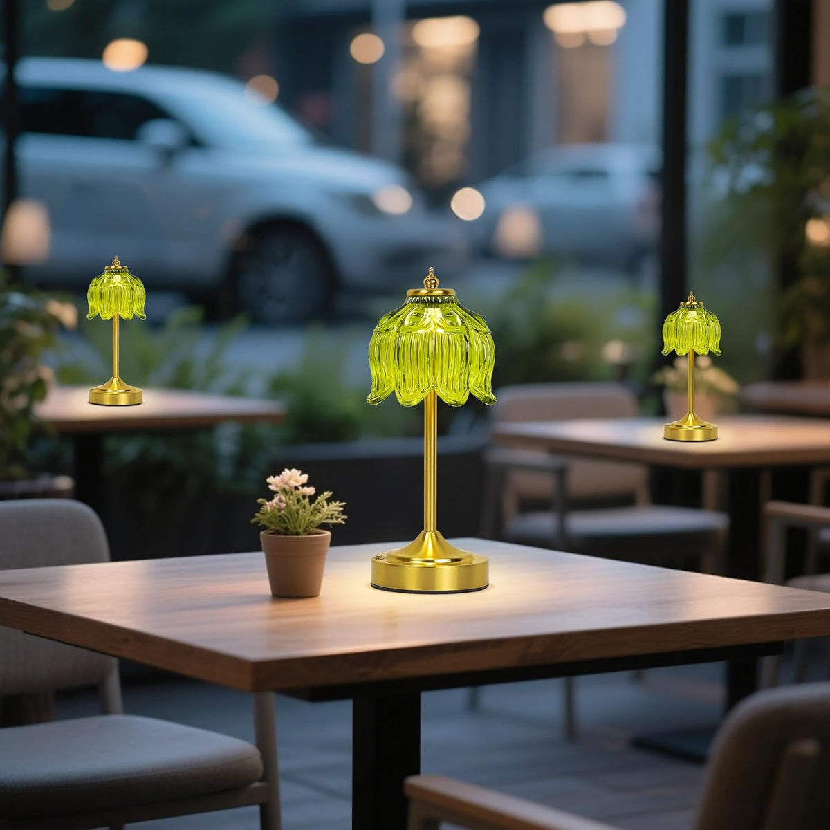 Cordless Table Lamp, Rechargeable Green Glass Lotus Flower Lamp | 5200mAh touch lamp with 3 color modes and stepless
