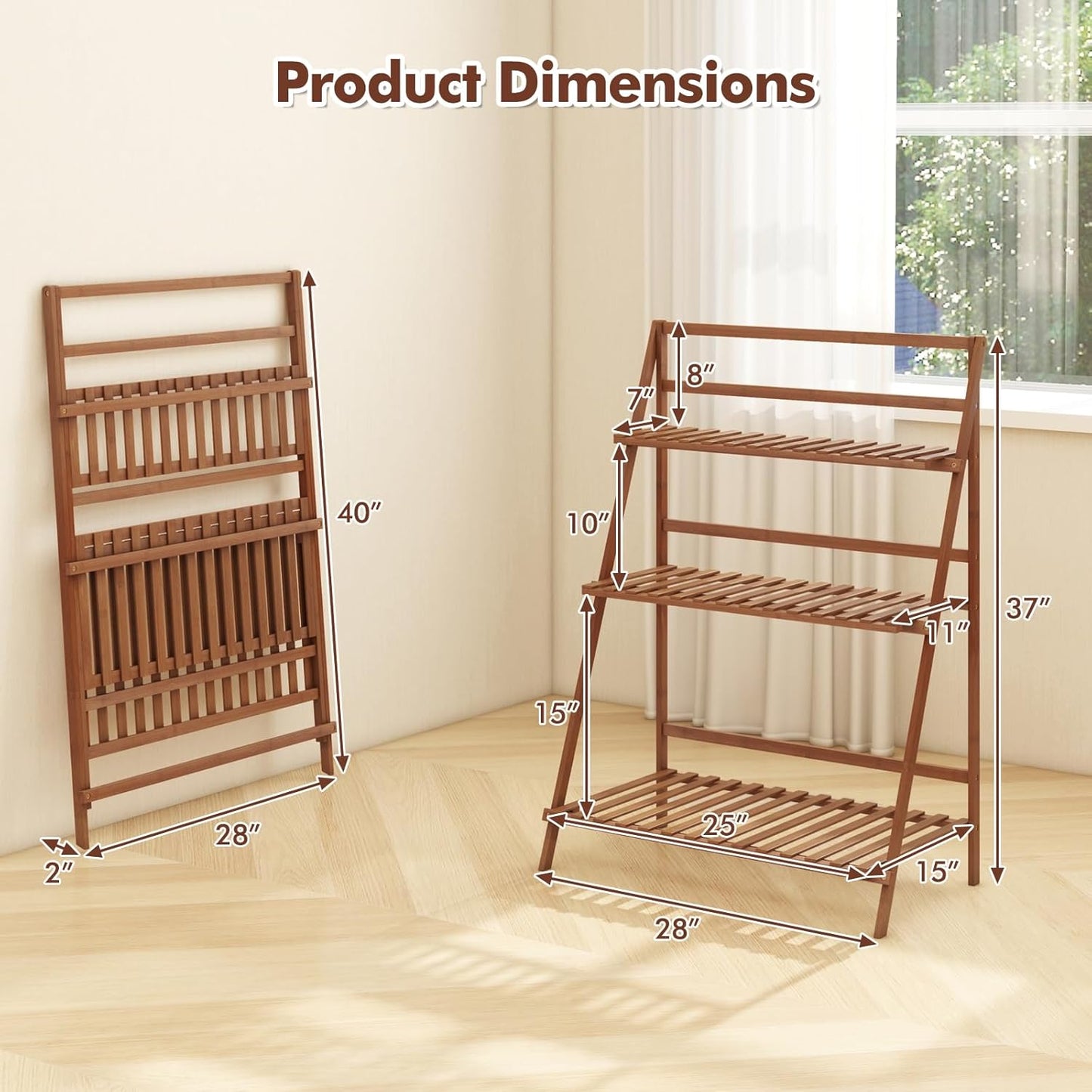 COSTWAY Bamboo Plant Stand, Foldable Multifunctional Flower Display Ladder Shelf, 3-Tier Storage Rack