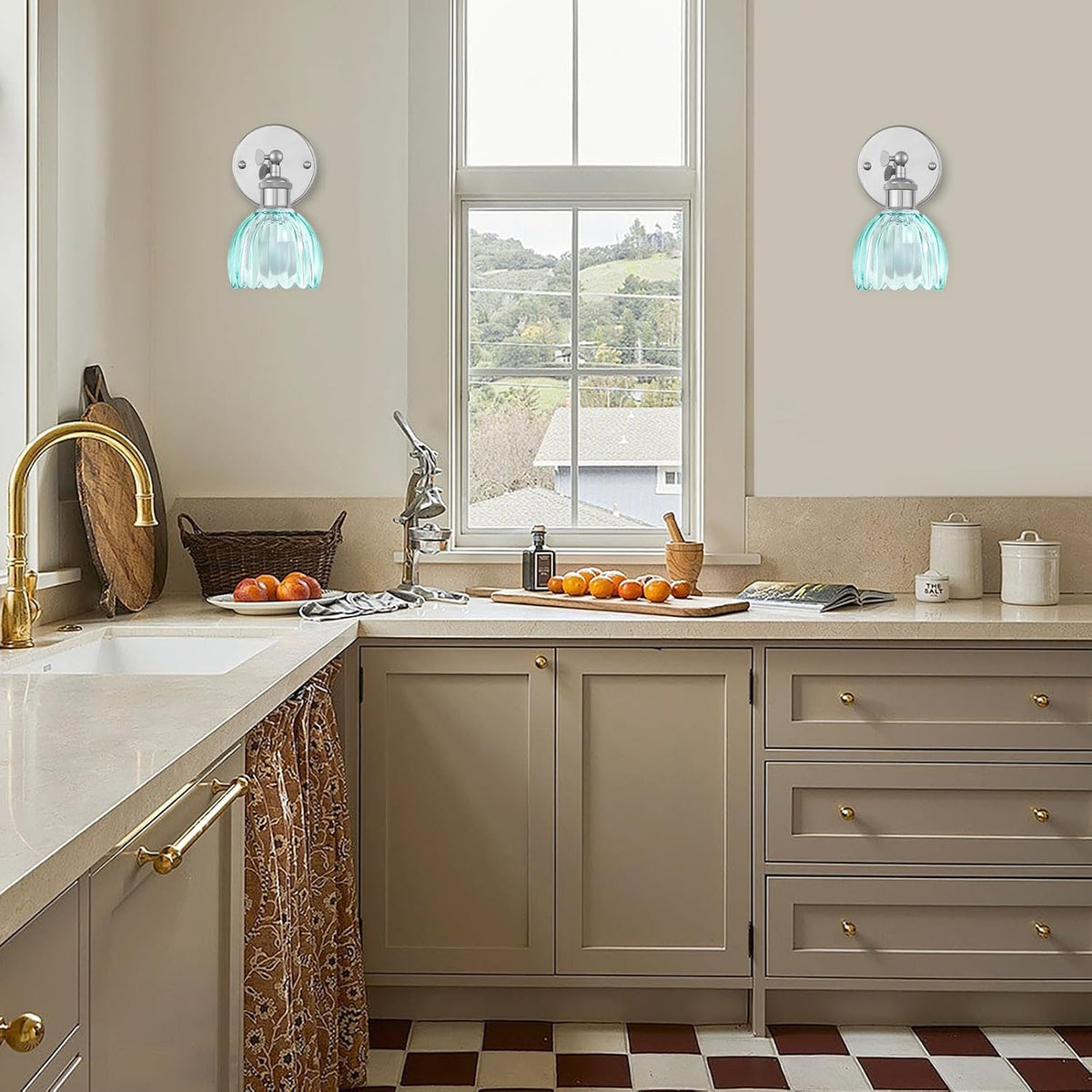 Vintage Battery Operated Wall Sconce, Sky Blue Tulip Glass Lampshade Wireless Rechargeable Battery Powered LED Wall
