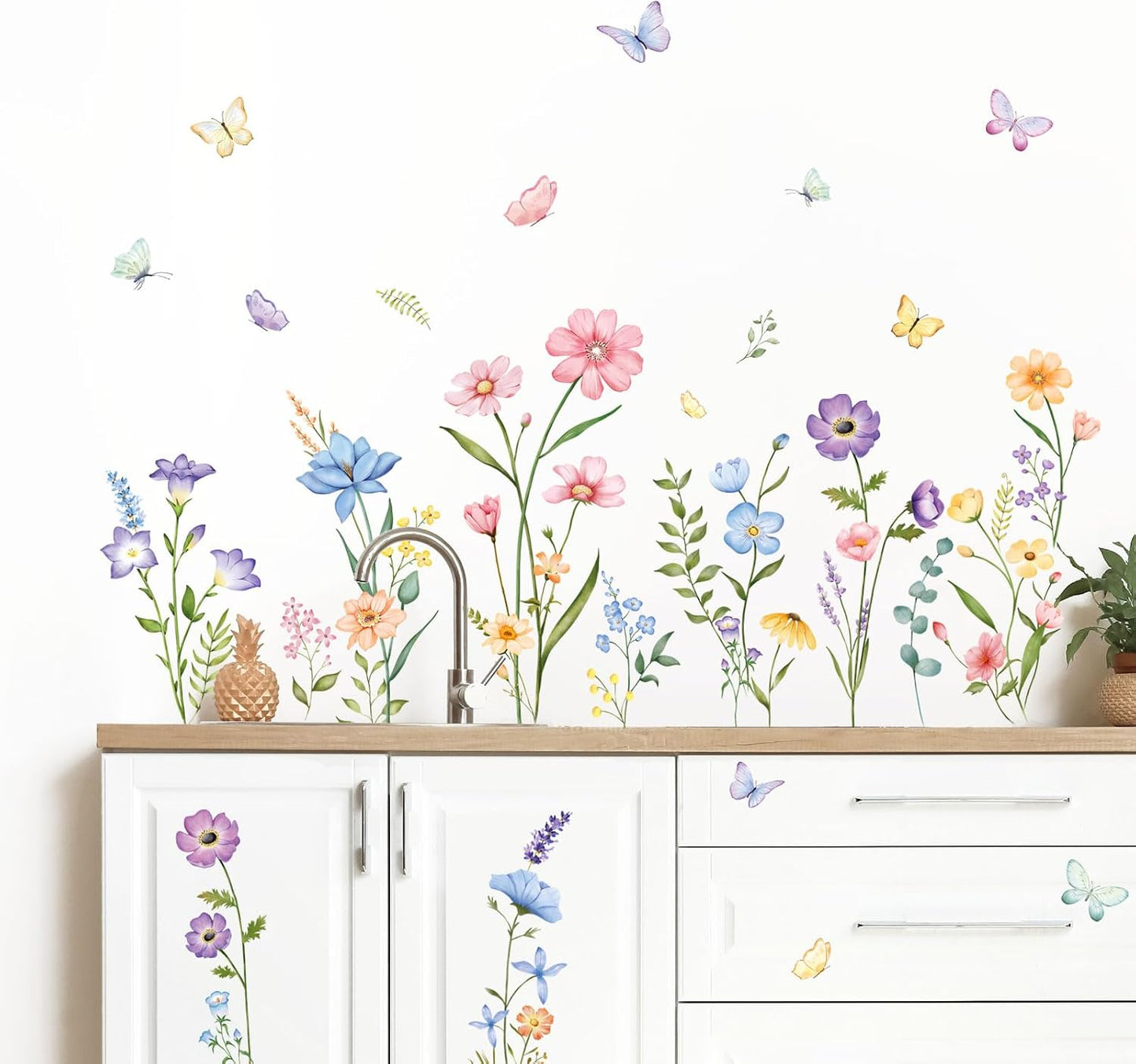 Flower Wall Decals Watercolor Wildflower Grass Butterflies Wall Stickers Peel / Watercolor Flower