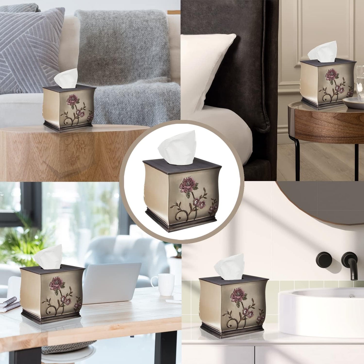 Zahari Home 2pc Larrisa Floral Bathroom Decor Set Waste Basket for Bathroom & Tissue Cover Modern Classic Contemporary