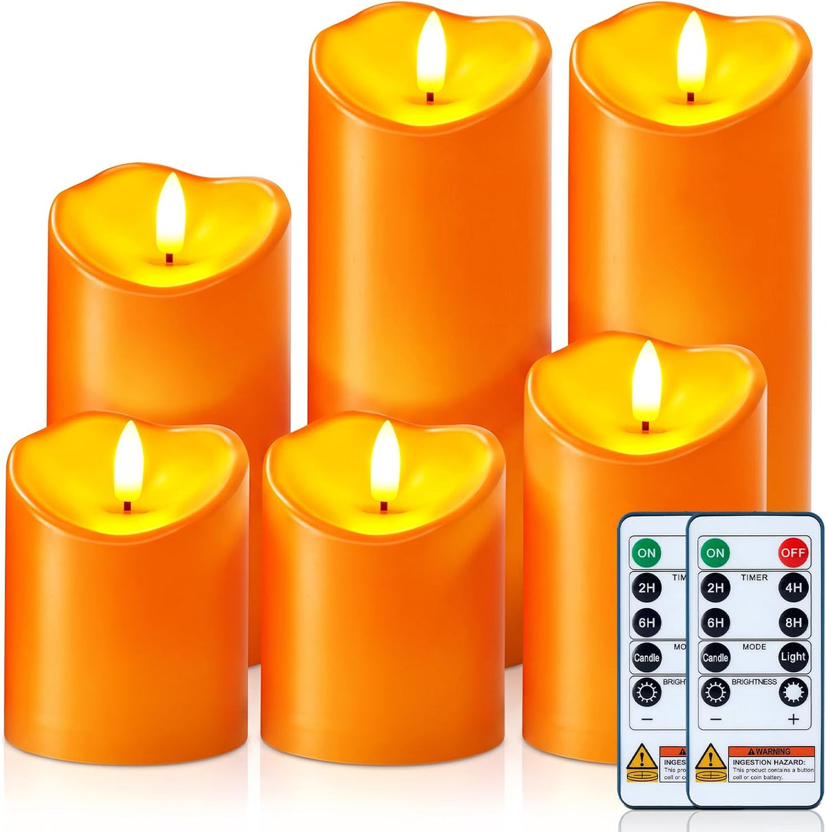 Homemory Halloween Orange Waterproof LED Candles, Remote Timer, Set of 6 | Flameless candles, D3 x H4/4/5/6/8/8 in