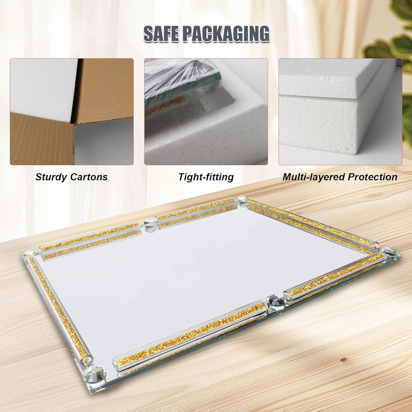 Crushed Diamond Filled Glass Vanity Tray / Gold / 15.7 x 11.8 x 1.4