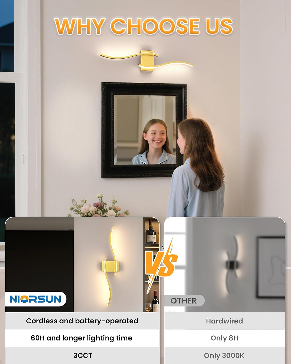 27.6 Inch Battery Operated Wall Sconce Set of 2, Gold Modern Rechargeable Wall Lights with Remote, 3CCT Dimmable