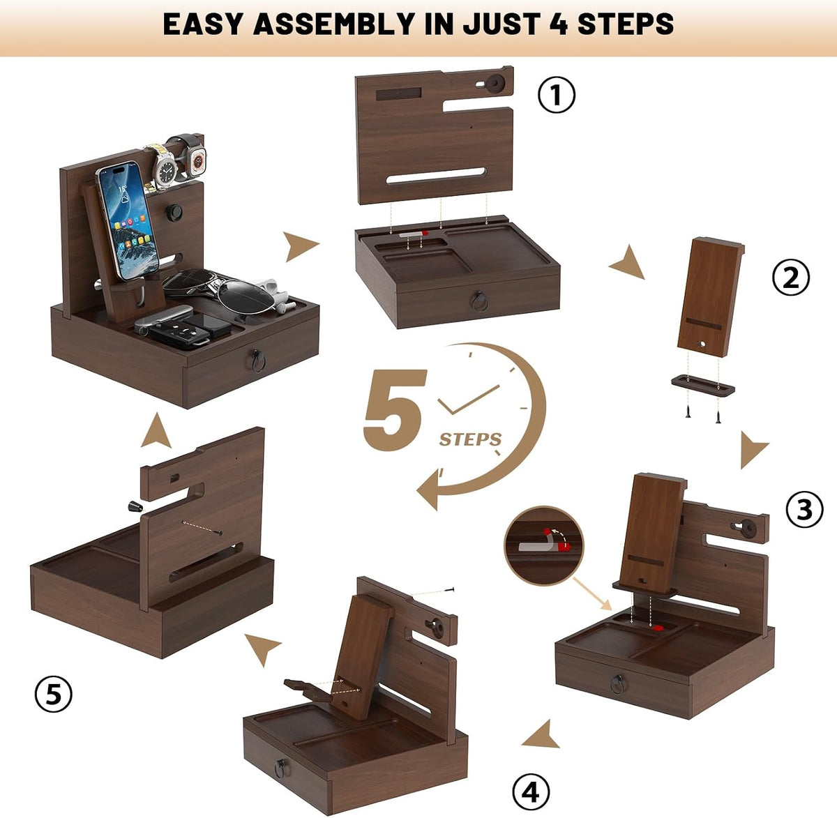 Wood Phone Docking Station, Nightstand Organizer with Drawer | Bedside Table Organizer for Watch & Accessories