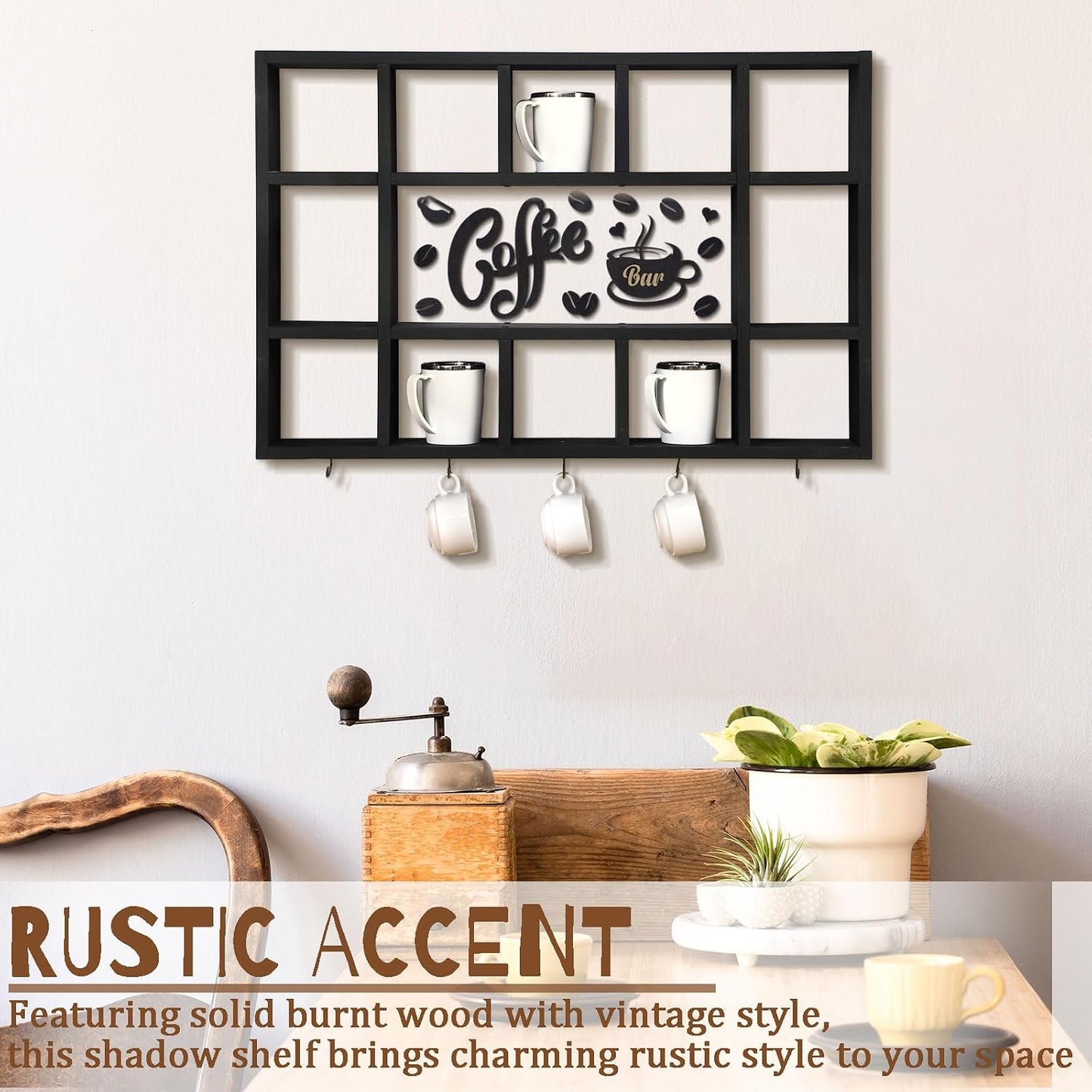 Cinnvoice Oversize Coffee Mug Display Shelf for Wall, Black | Wood Coffee Mug Rack, Wall Mounted Shelf, Cubes Cup Hooks