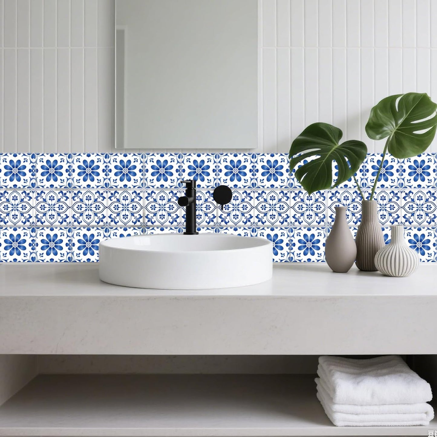 9 Style Textured Flowers Tile Stickers Relief Floral Peel and Stick / Blue and White / Set of 36