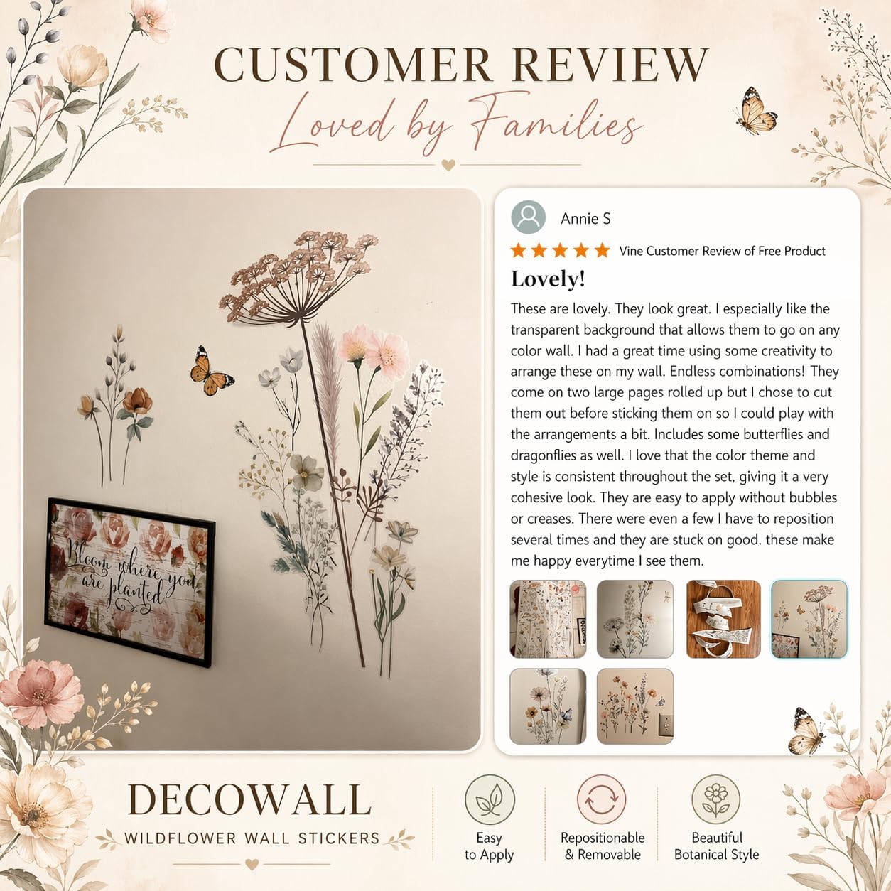 SG2-2513 Boho Wild Flower Wall Decals Botanical Peel and Stick Removable Stickers