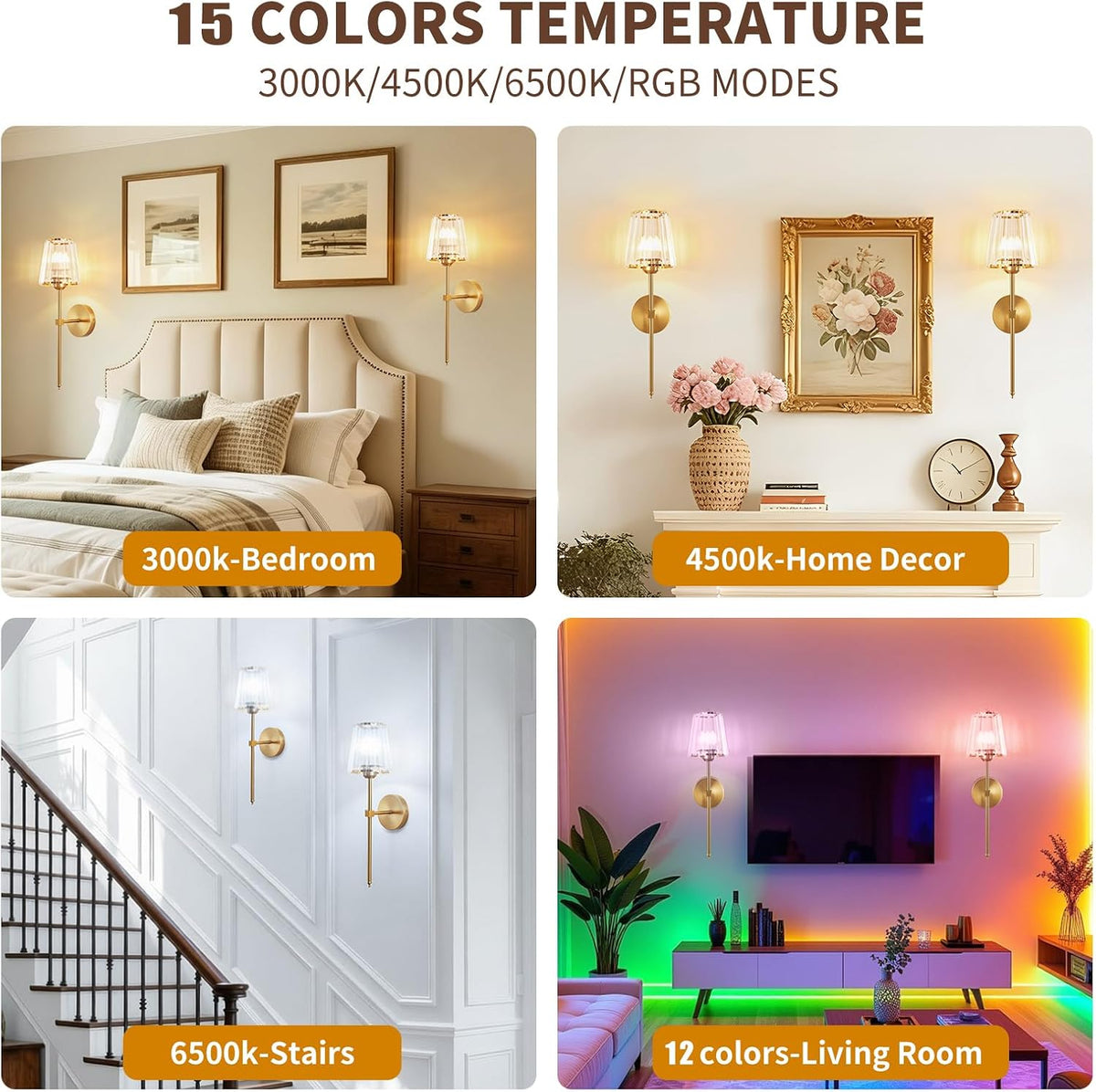 Wall Sconces Battery Operated Set of 2, Rechargeable Wall Sconce with Crystal Lampshade, Gold 5200mAh Wireless Wall