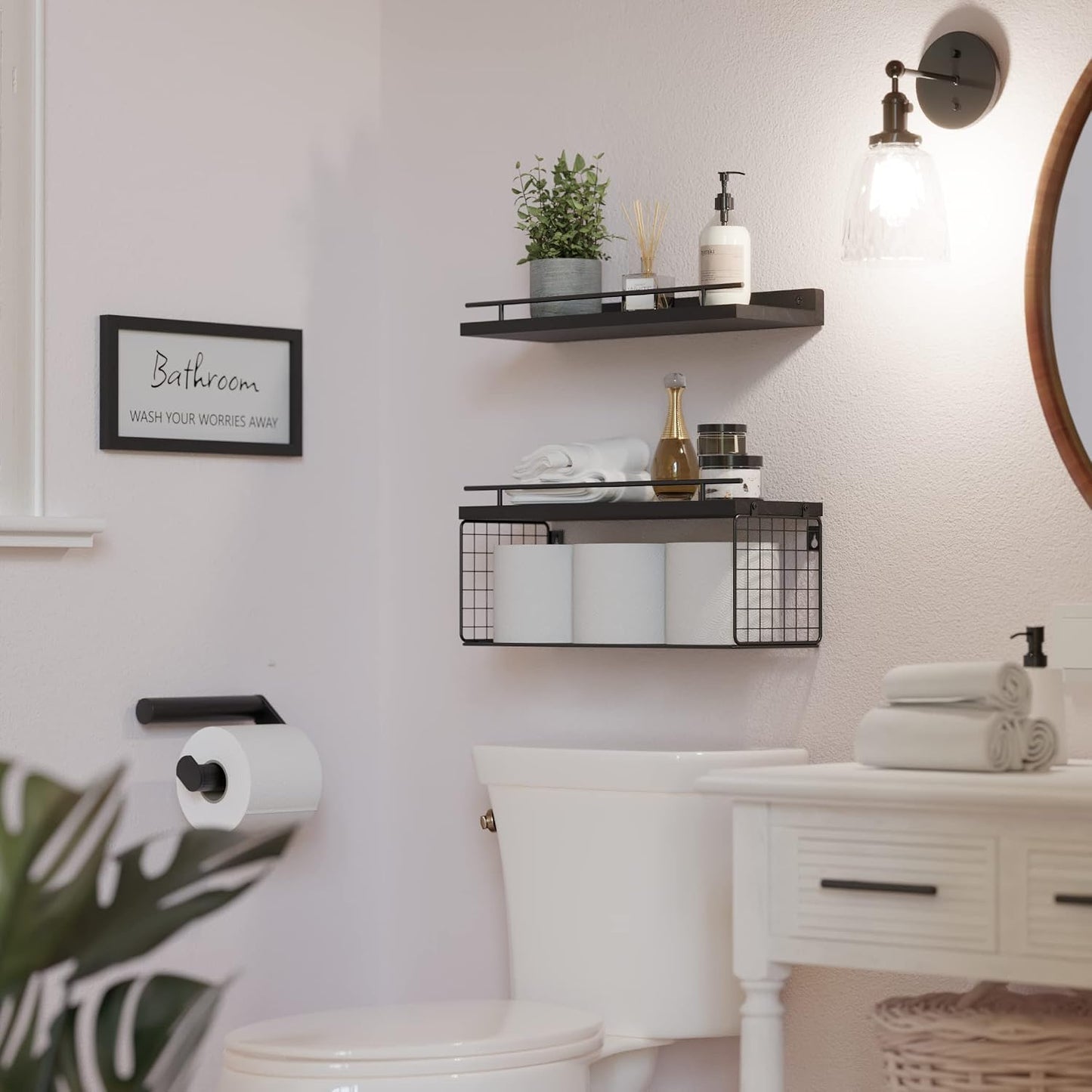 Floating Shelves for Bathroom Decor Art, Modern Black | Bathroom Organizers and Storage, Wall Shelves Over Toilet with