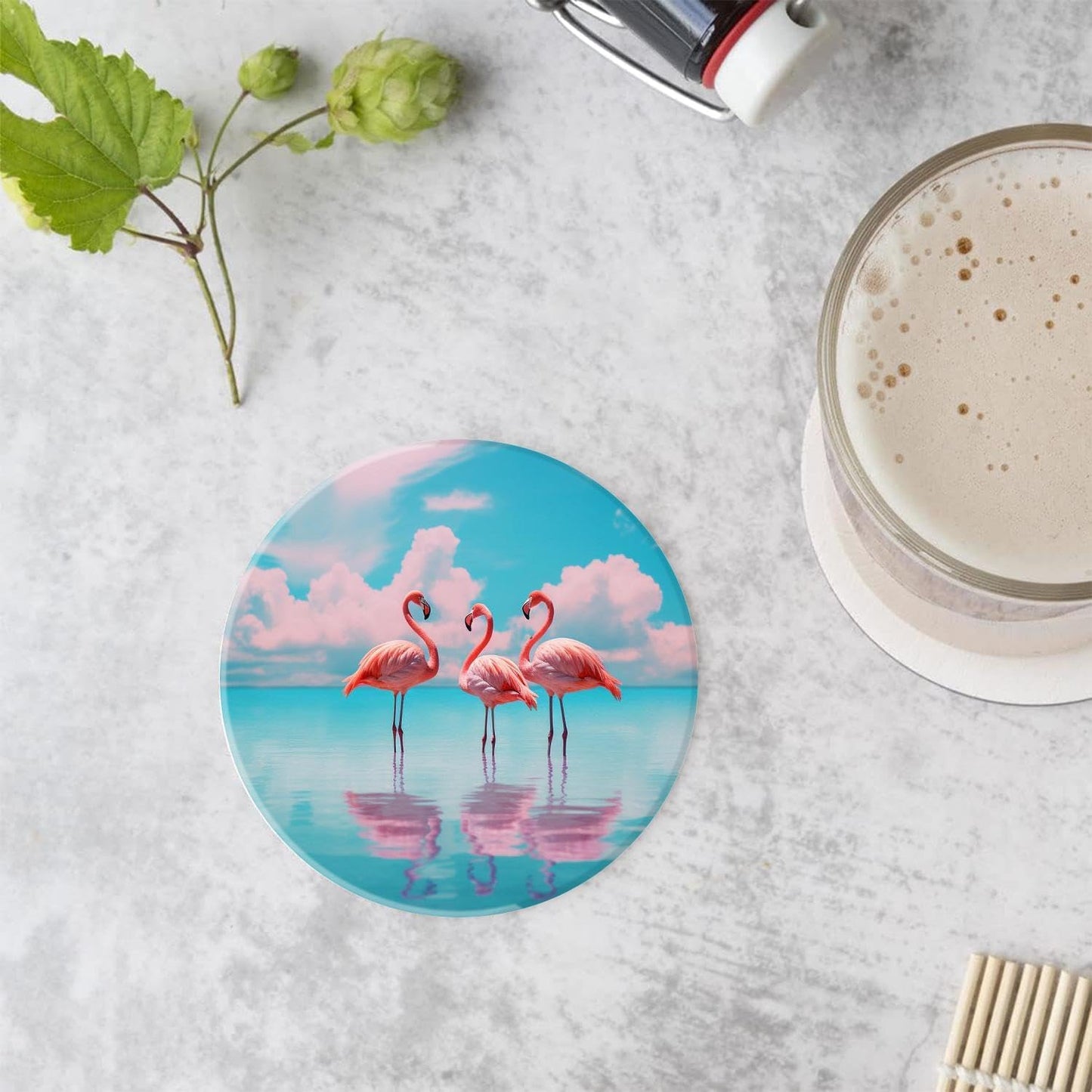 Holder / Flamingo Print Ceramic Coasters / 4 In / Color1861 / Set of 4