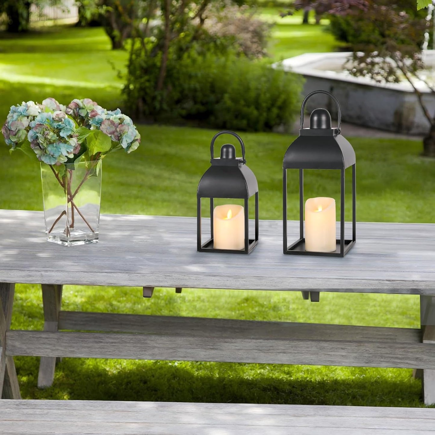 Lanterns Decorative Indoor 15" 11" Set of 2 Black Metal Lantern with Candle | Glass-free Decorative Lanterns with