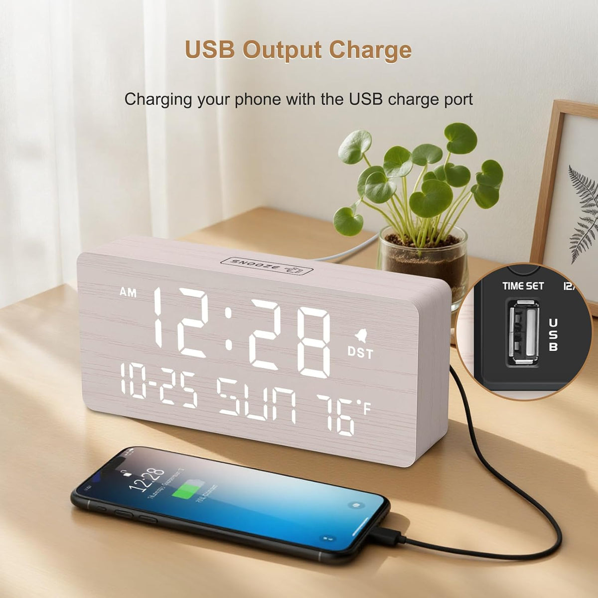 DreamSky Wooden Digital Alarm Clocks for Bedrooms with Date & Day of Week | Living Room Desk Clock, Temperature, USB