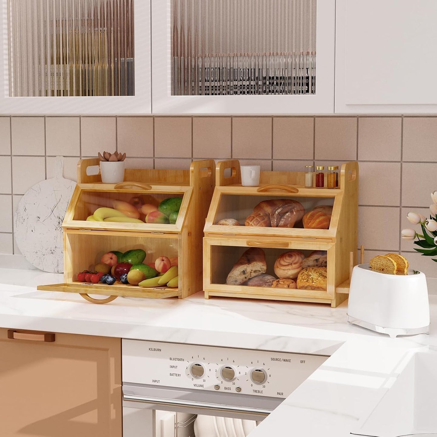 BAMBANG Bread Box for Kitchen Countertop, Extra Large Double Layer Bamboo Breadbox with Clear Window, Farmhouse Wooden