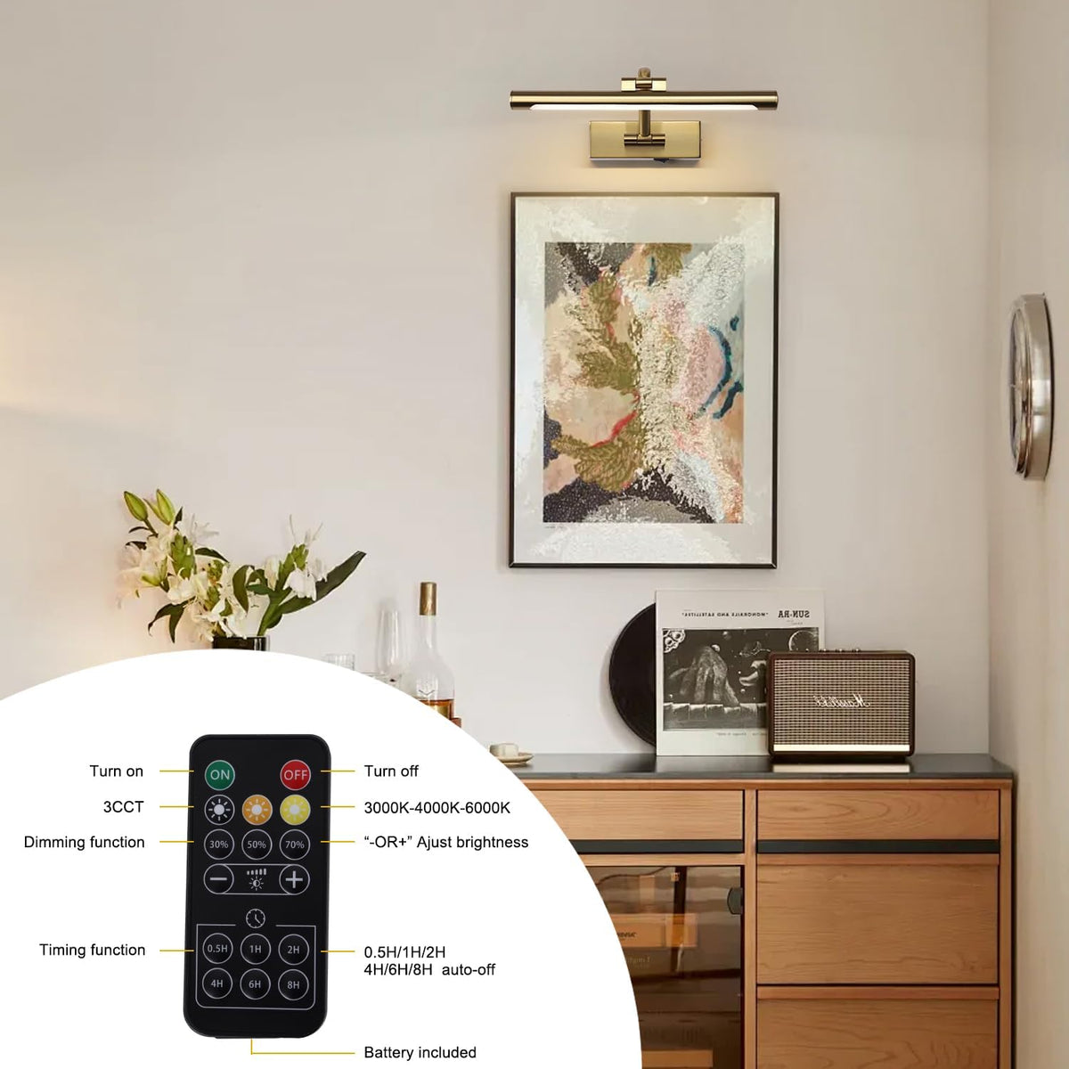 12.6 inch LED Wireless Picture Lights for Wall Rechargeable, Battery Operated Art Light for Paintings, 3CCT Dimmable
