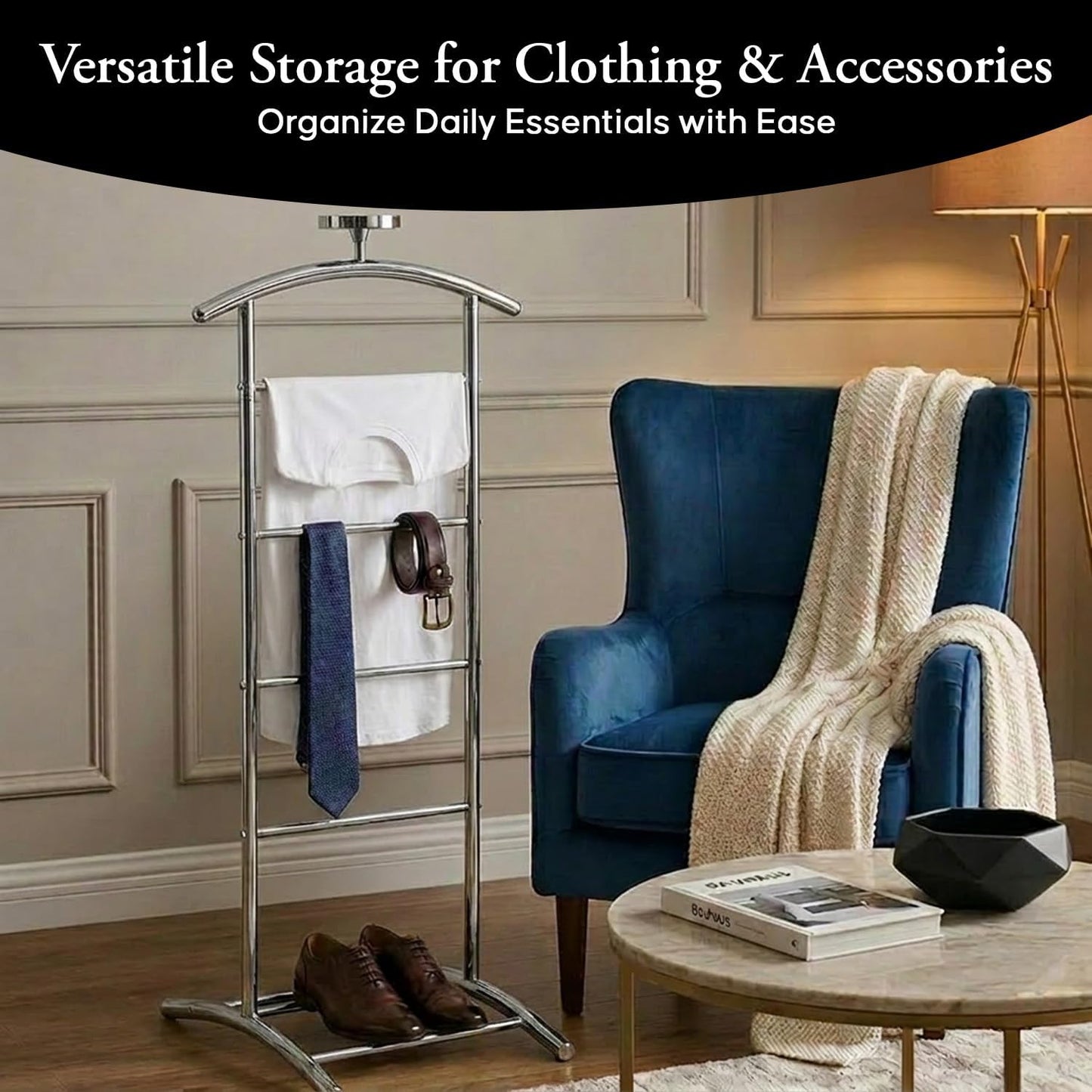 Kings Brand Freestanding Metal Suit Valet Stand with Tie Bar, Chrome | Complete Clothing Organizer with Hanger, Trouser