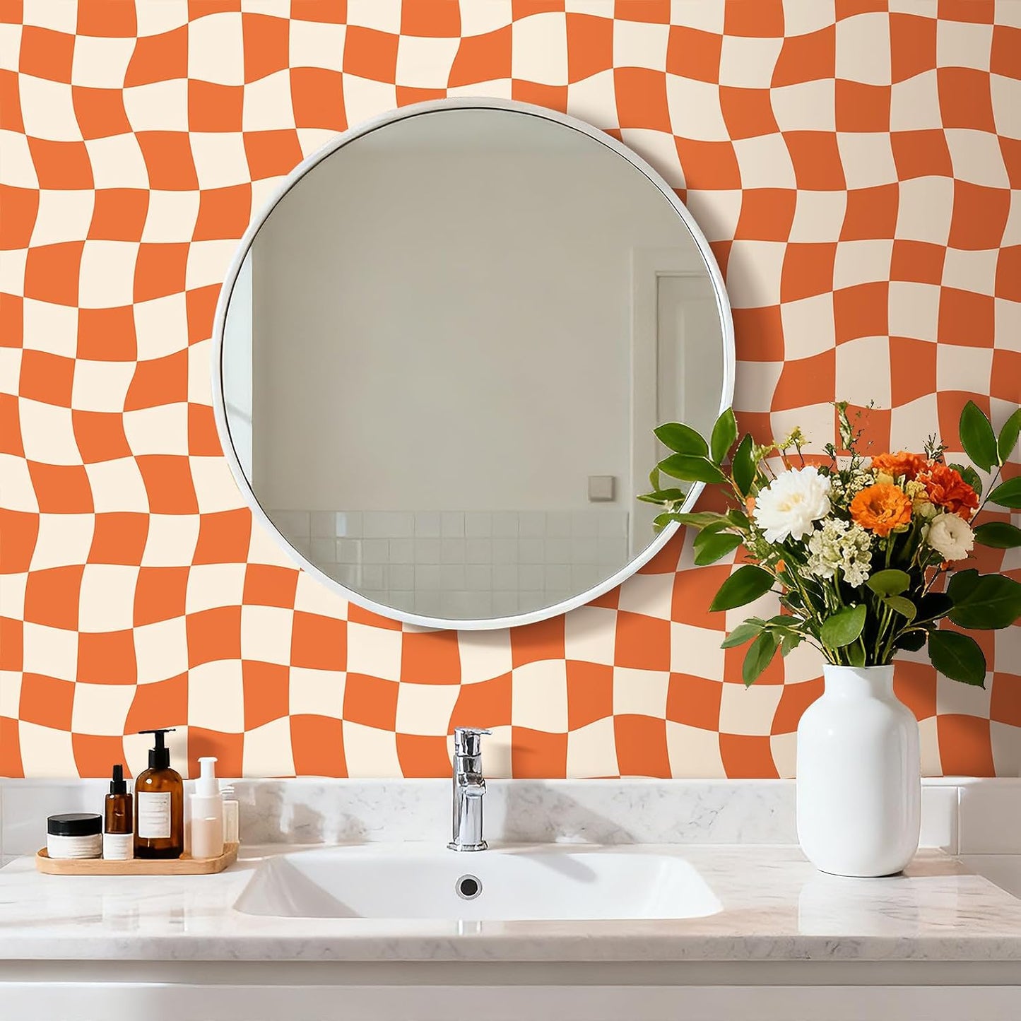 Wallpaper Peel and Stick Burnt Beige Pink Checkered Contact / 17.5 x 80 / Retro Checkered / Orange