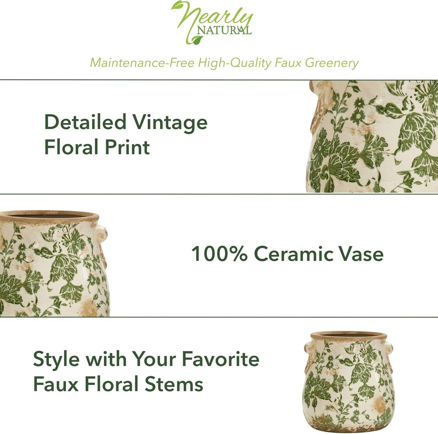 Ceramic Decorative Vase Tuscan Style Floral / 6.5 In. W x 6.5 In. D x 6.5 In. H / Green / 6.5 Inch