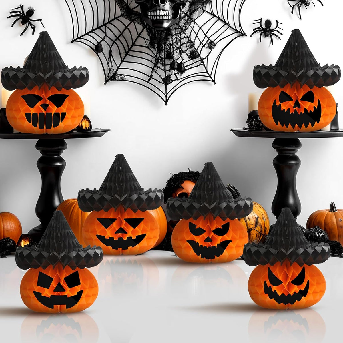 Fourluoo 6 Pcs Halloween Pumpkin Witch Hat Paper Honeycomb Centerpieces