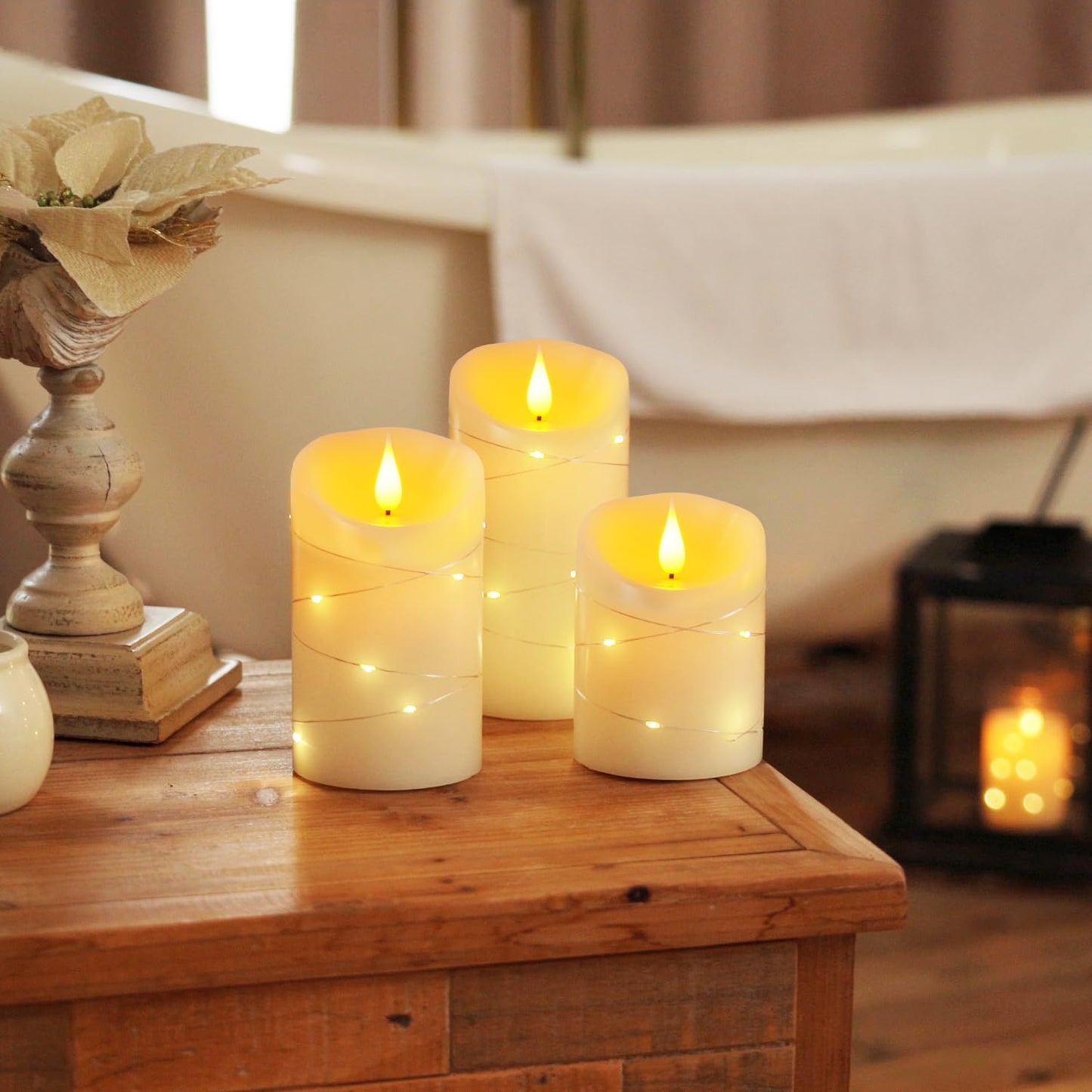 Homemory Flameless Candles with String Lights, 3 Pack Embedded Fairy String Lights LED Candles, Electric Flickering