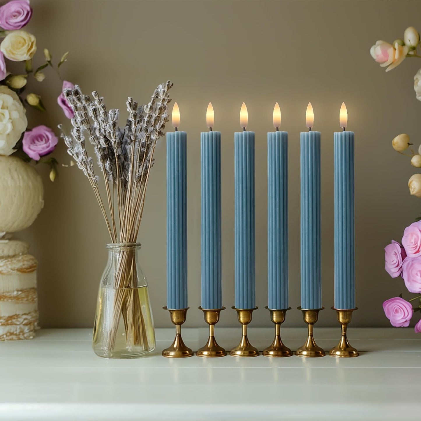 10" Fluted Ribbed LED Blue Grooved Pillar Candles with 2 Remotes & 24h Timer Memory, On/Off Switch - Flameless Dimmable