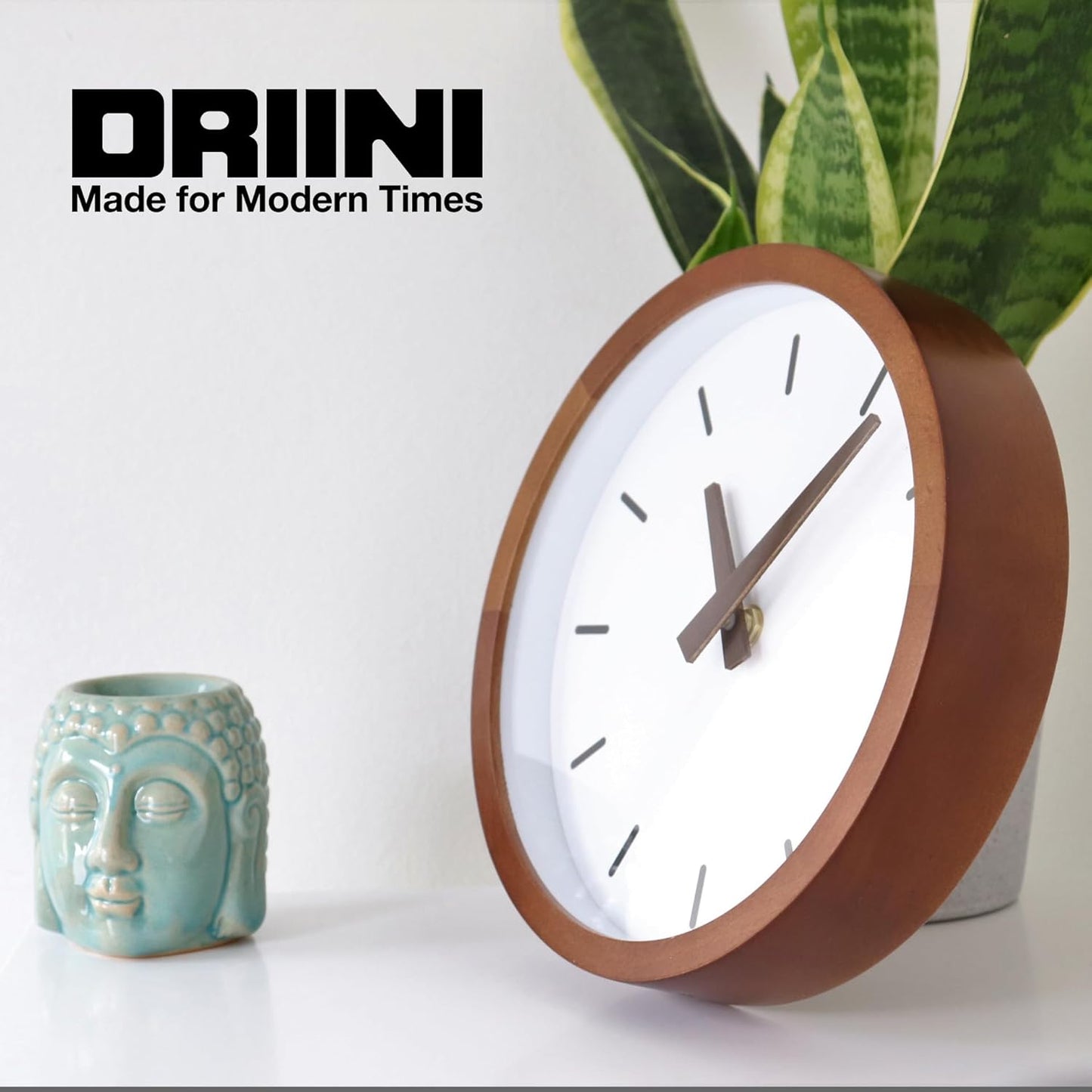 Driini Modern Mid Century Wood Analog Wall Clock (12") - Battery Operated with Silent Sweep Movement - Small Decorative