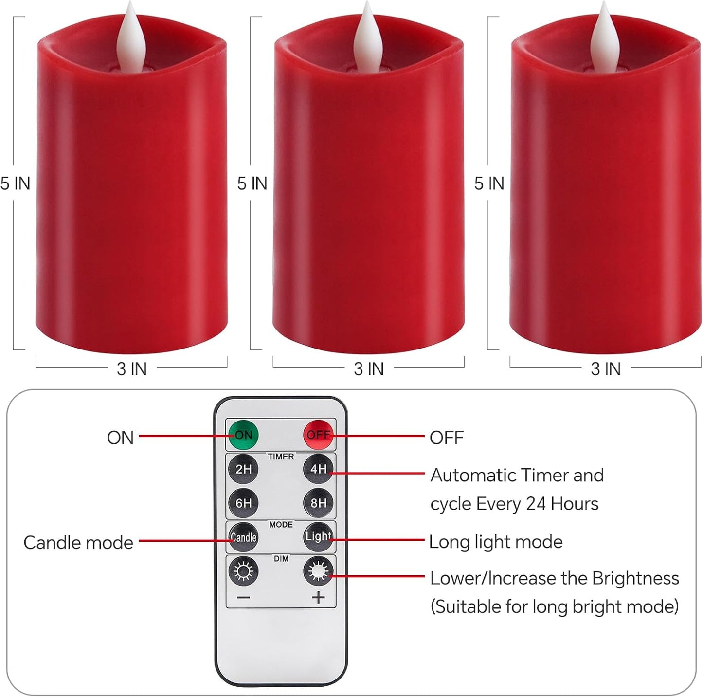 3PCS, 3 x 5 inches Flameless Candle with Remote Control, 3D Flickering Wick, Real Wax Pillar LED Candles, Battery