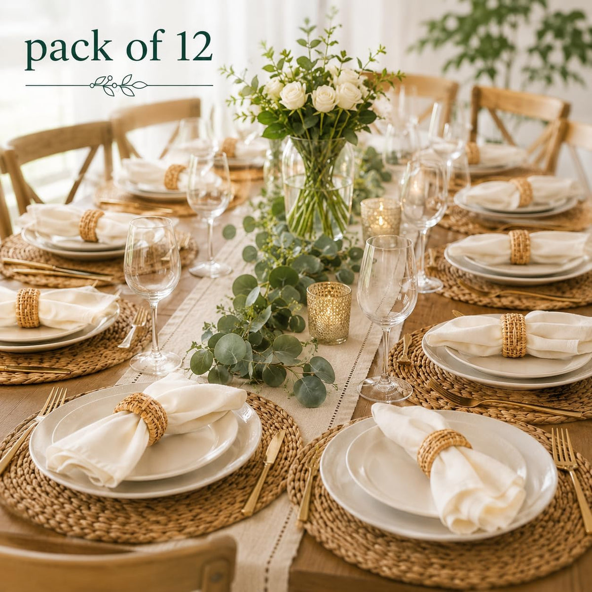 ALPHA Living HOME Natural Rattan Napkin Rings Set of 12 - Handcrafted Cane Serviette Holders for Table Decor, Weddings